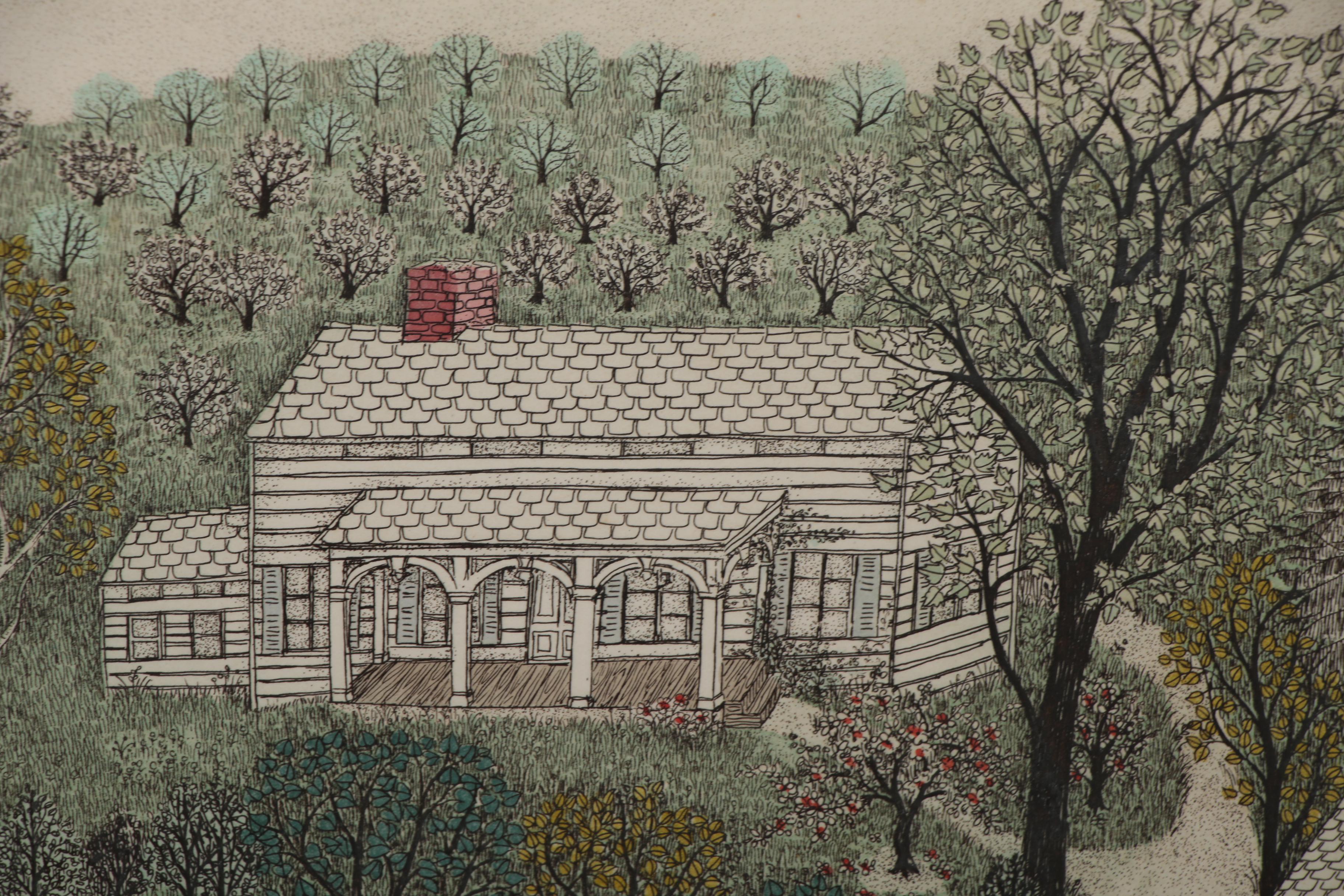 Cuca Romley Hand-colored Etching "Ulster County Farm - Spring"