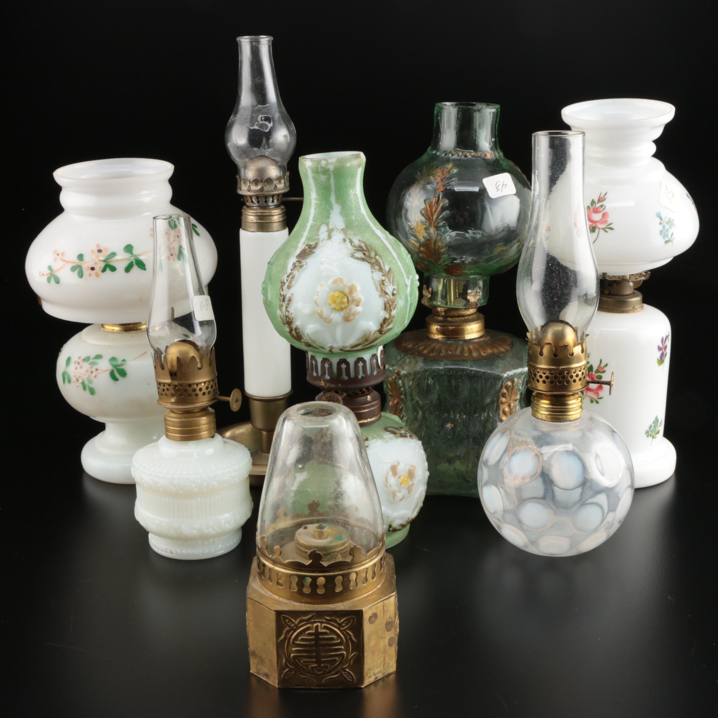 Painted, Metal and Colored Glass Oil Lamps