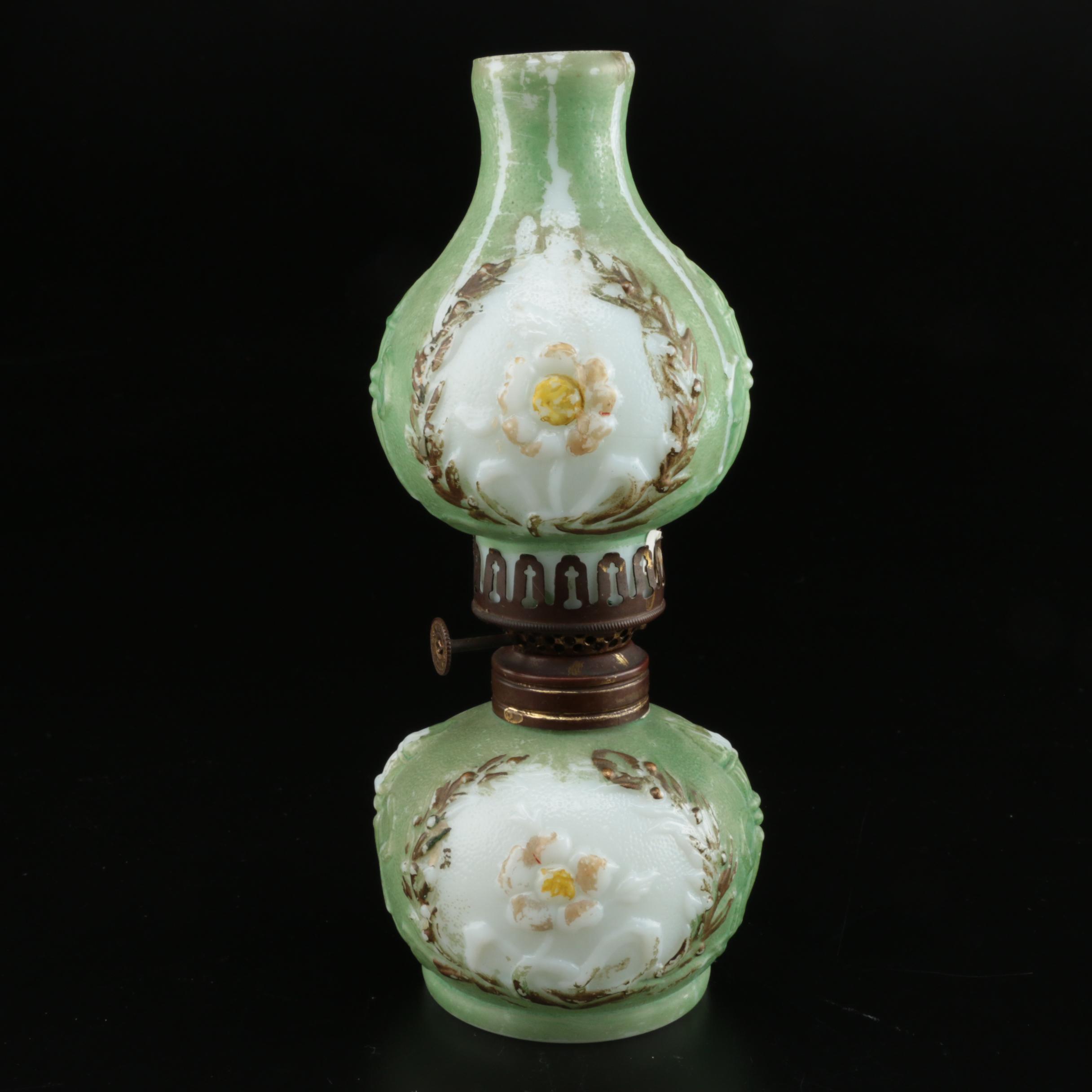 Painted, Metal and Colored Glass Oil Lamps