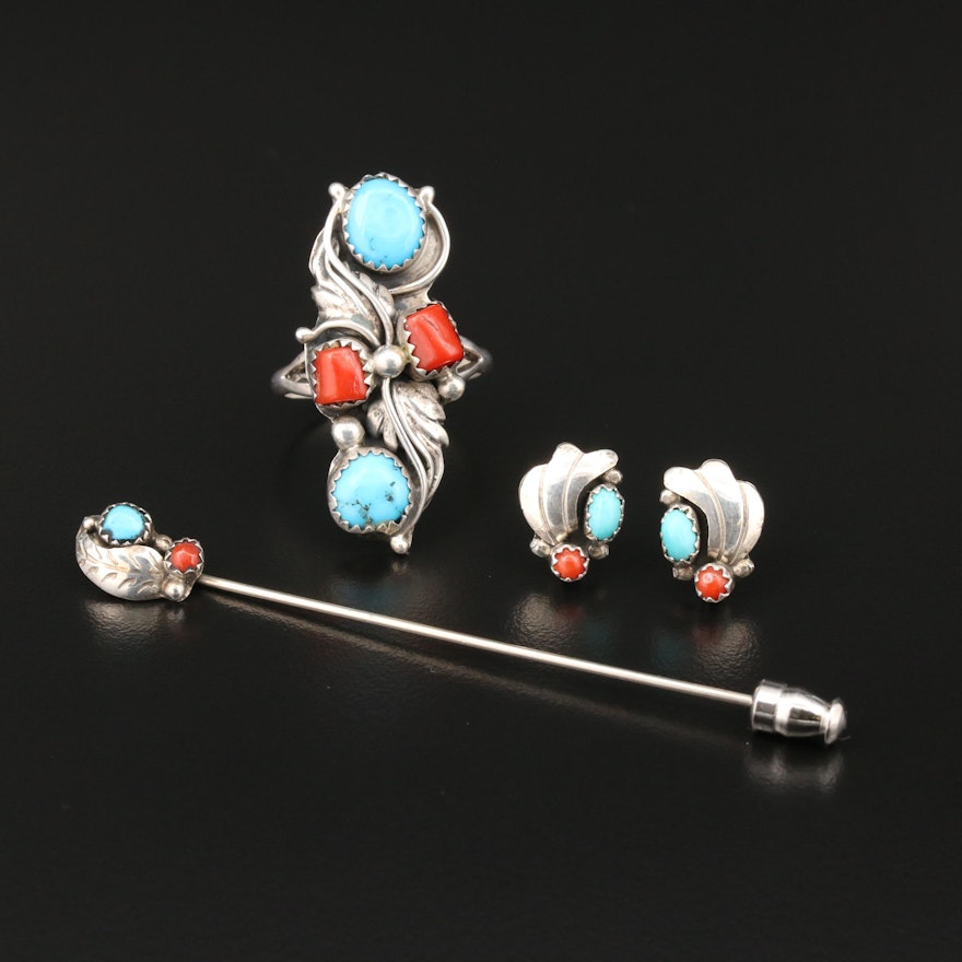 Southwestern Sterling Coral and Turquoise Ring, Earrings and Stick Pin Set