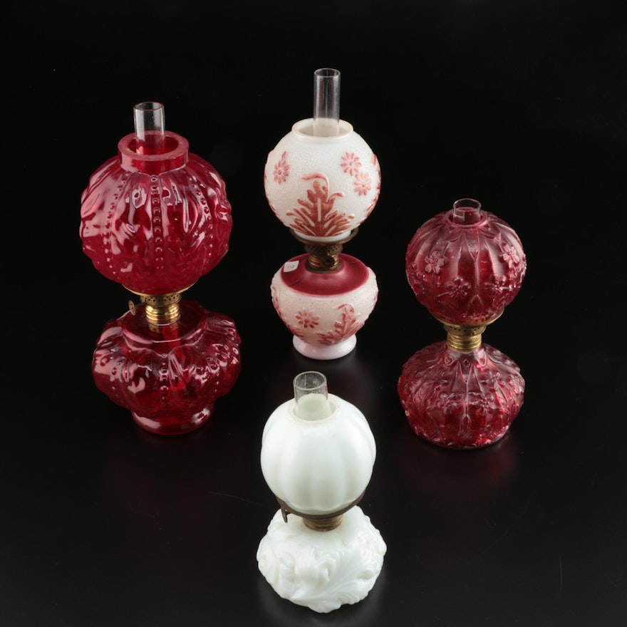 Red and Milk Glass Miniature Oil Lamps