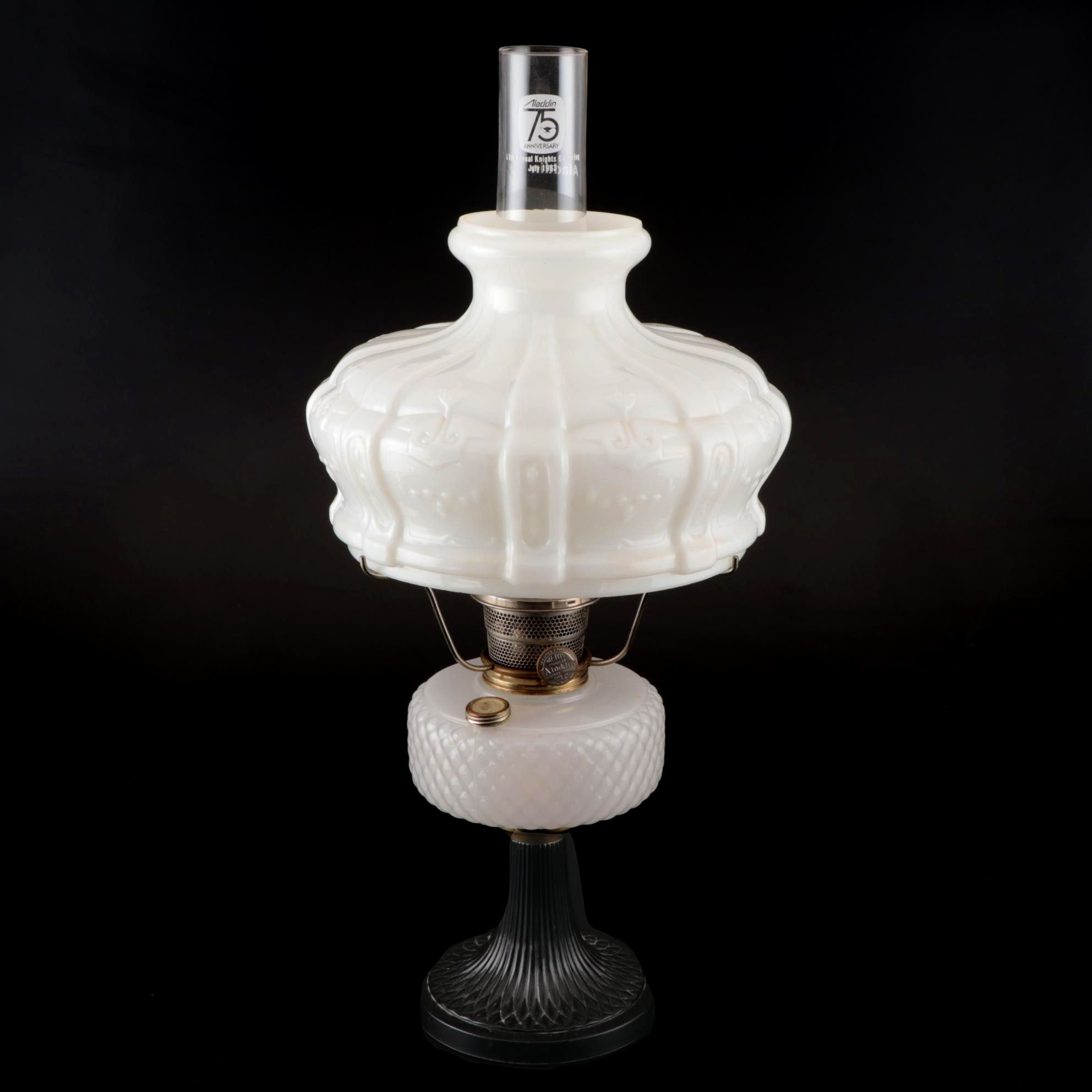 Aladdin 75th Anniversary Model B Diamond Quilt Moonstone and Black Glass Lamp
