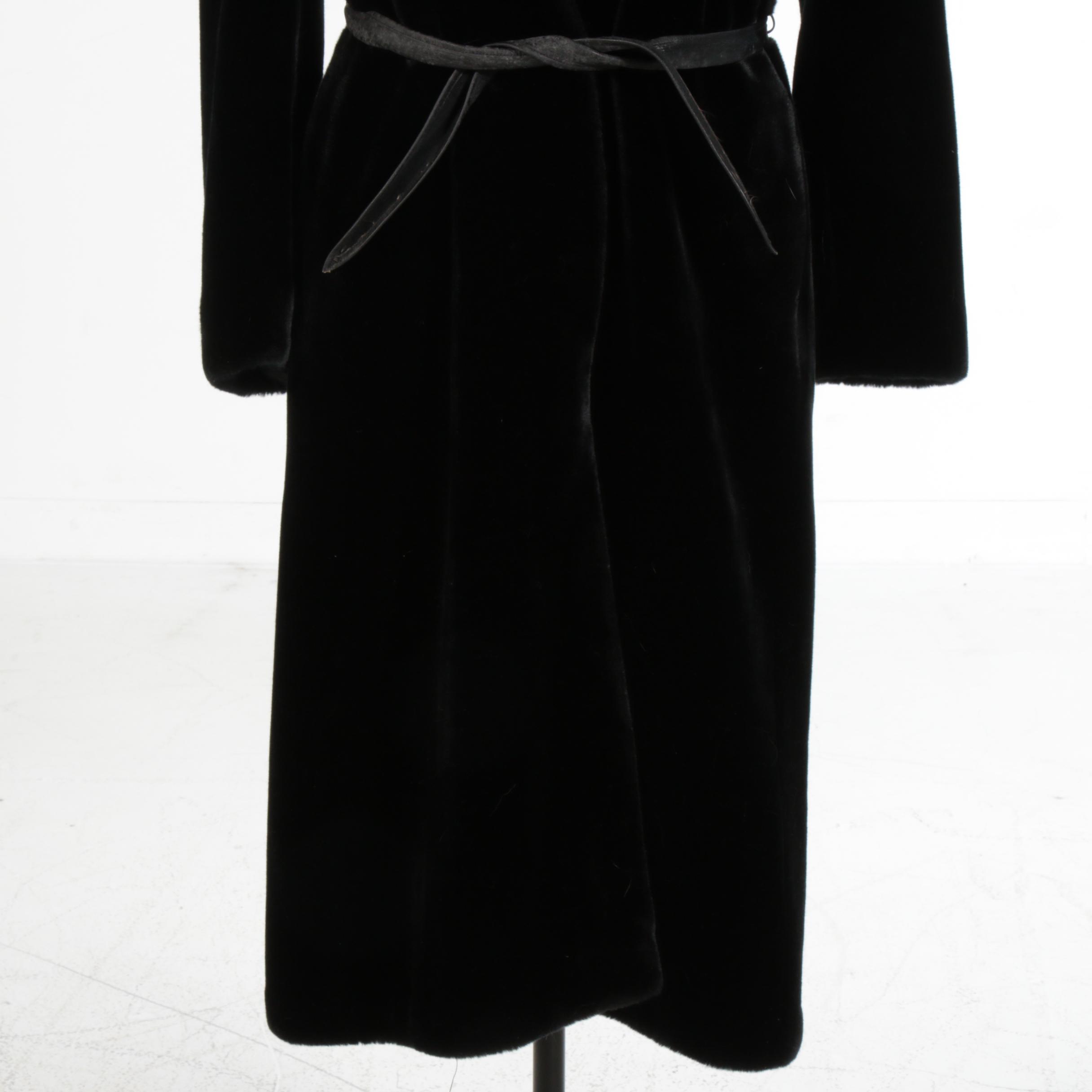 Ultra-Seal "Sportowne" Black Faux Fur Belted Coat with Fox Fur Collar