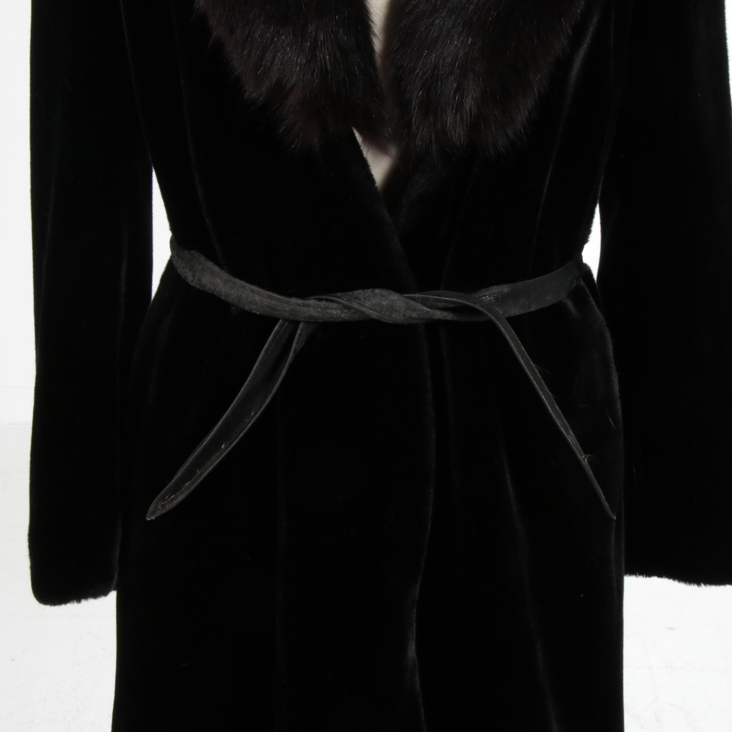 Ultra-Seal "Sportowne" Black Faux Fur Belted Coat with Fox Fur Collar