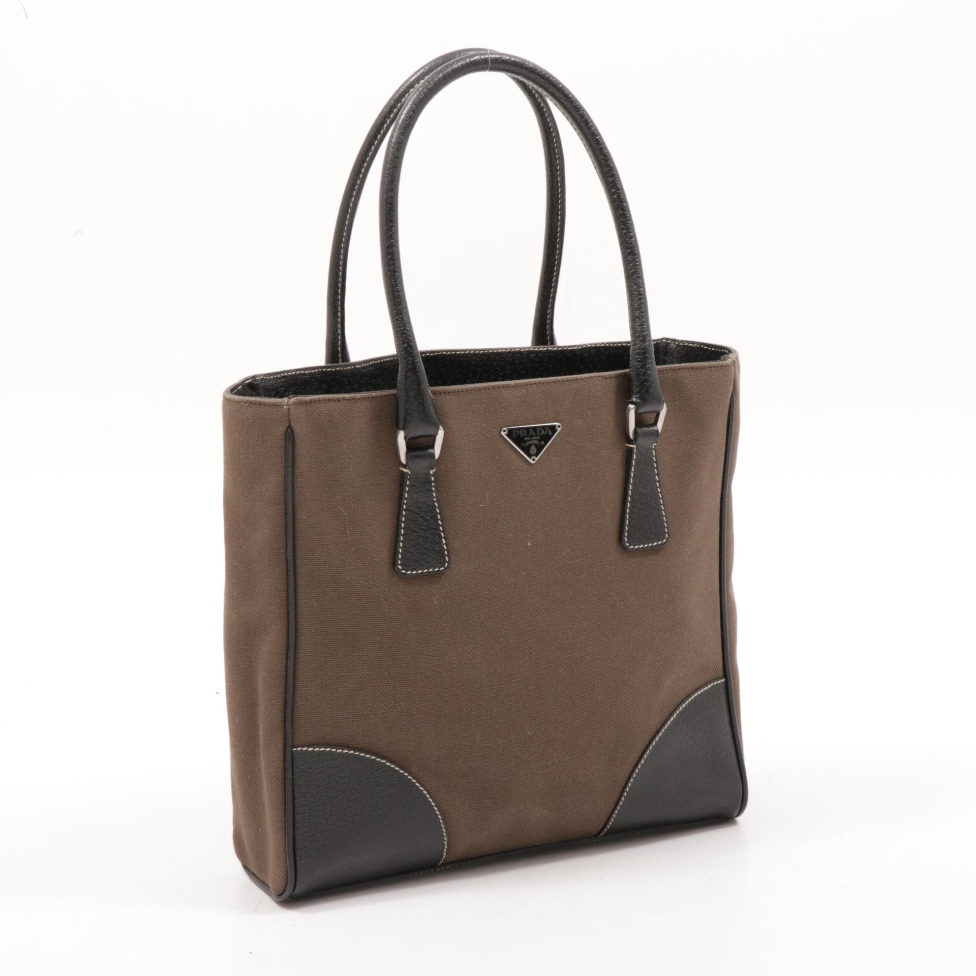 Prada Canvas and Black Leather Top Handle Tote Bag with Contrast Stitching