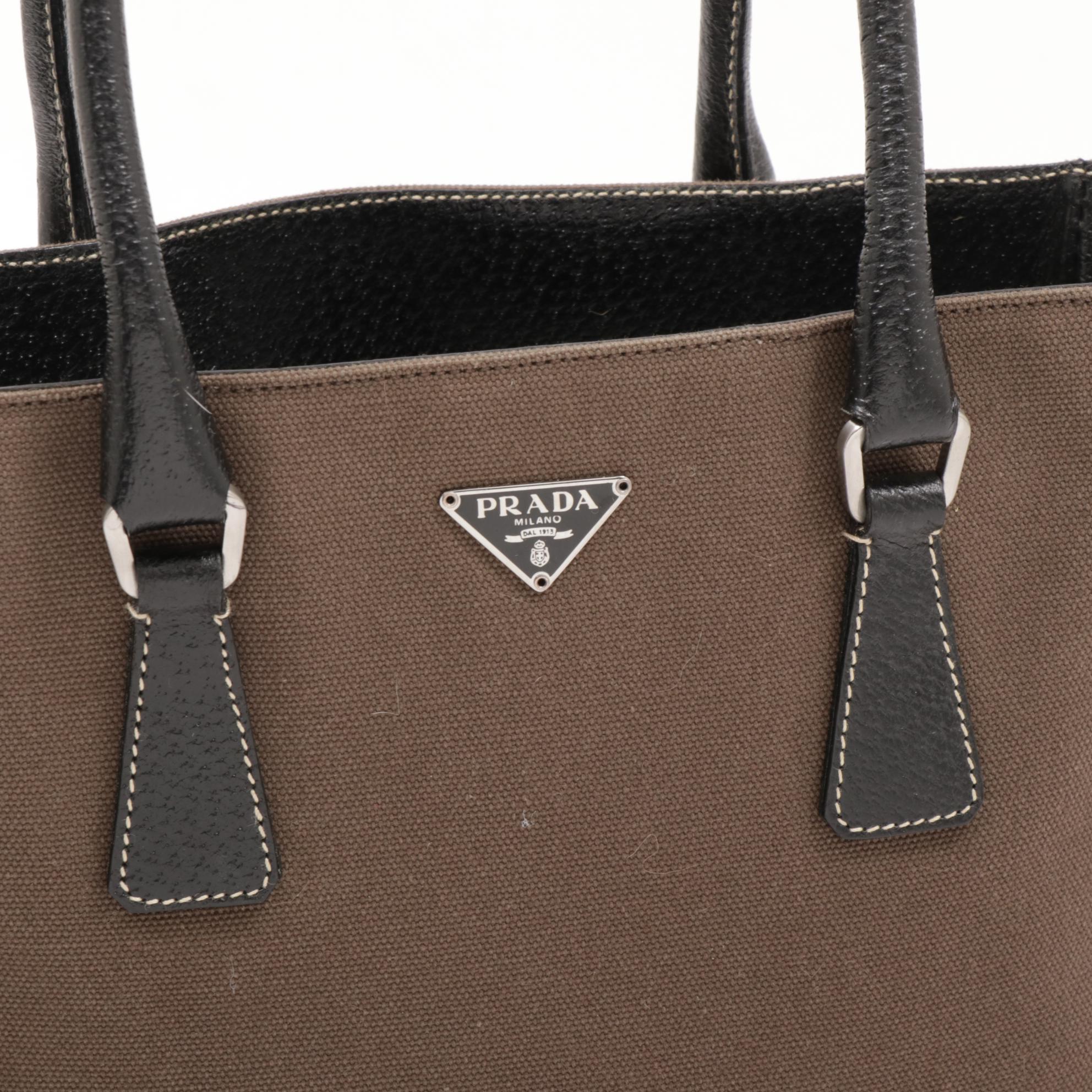 Prada Canvas and Black Leather Top Handle Tote Bag with Contrast Stitching