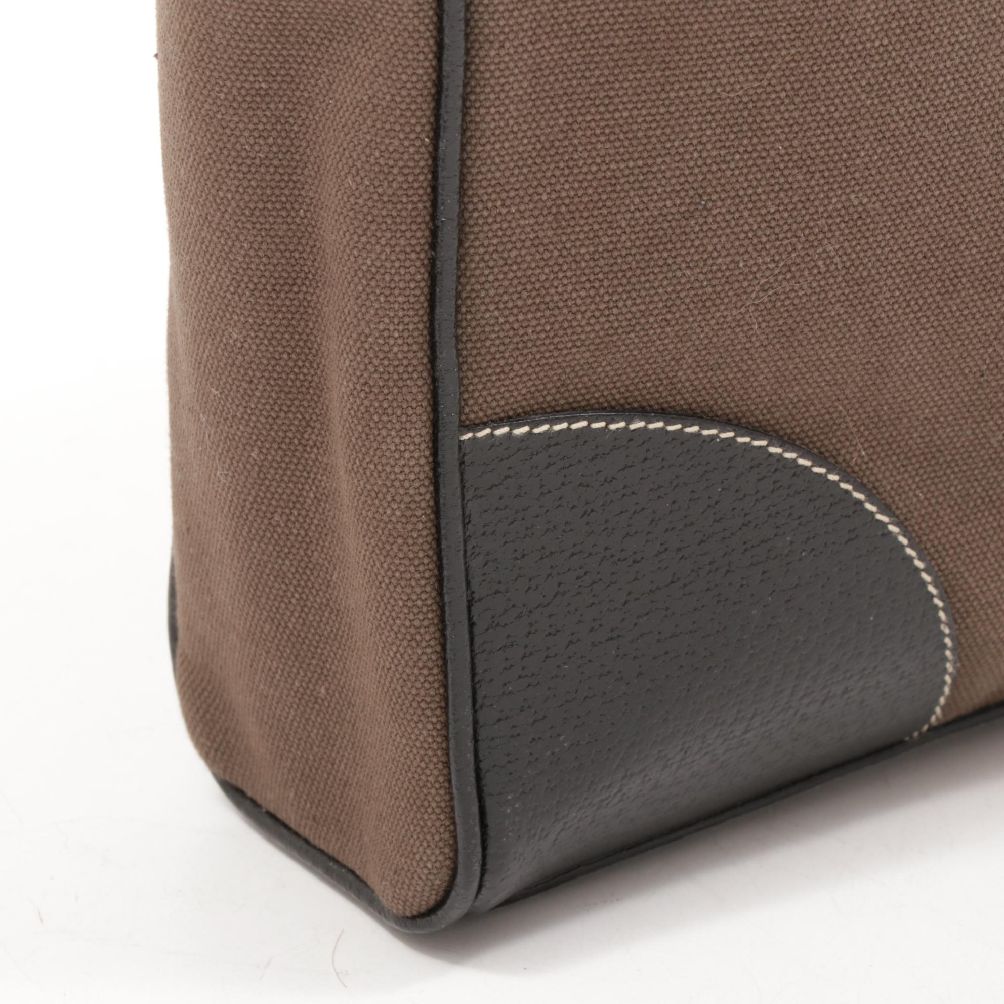 Prada Canvas and Black Leather Top Handle Tote Bag with Contrast Stitching