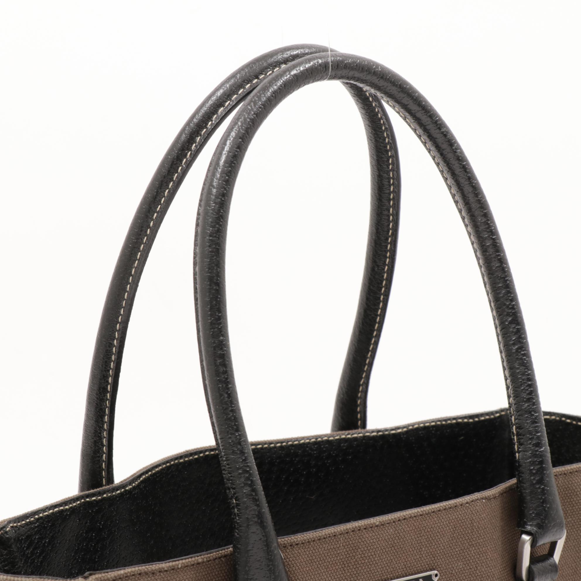 Prada Canvas and Black Leather Top Handle Tote Bag with Contrast Stitching