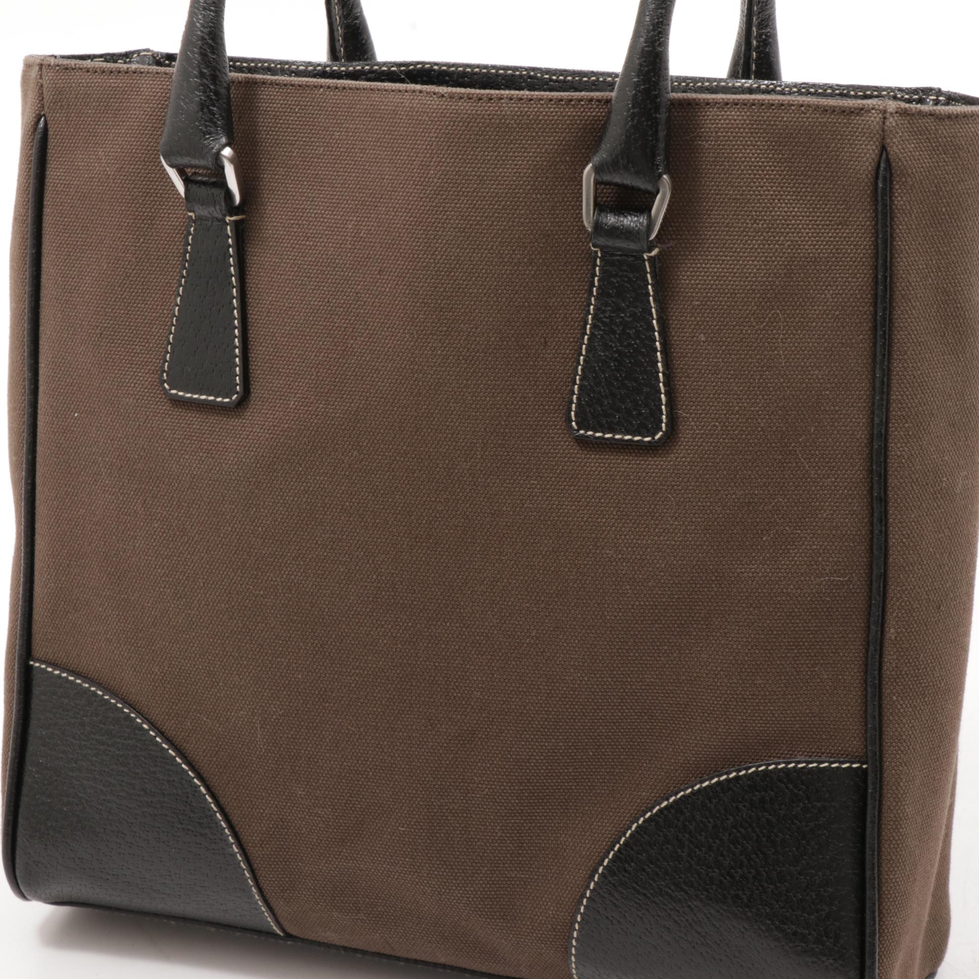 Prada Canvas and Black Leather Top Handle Tote Bag with Contrast Stitching