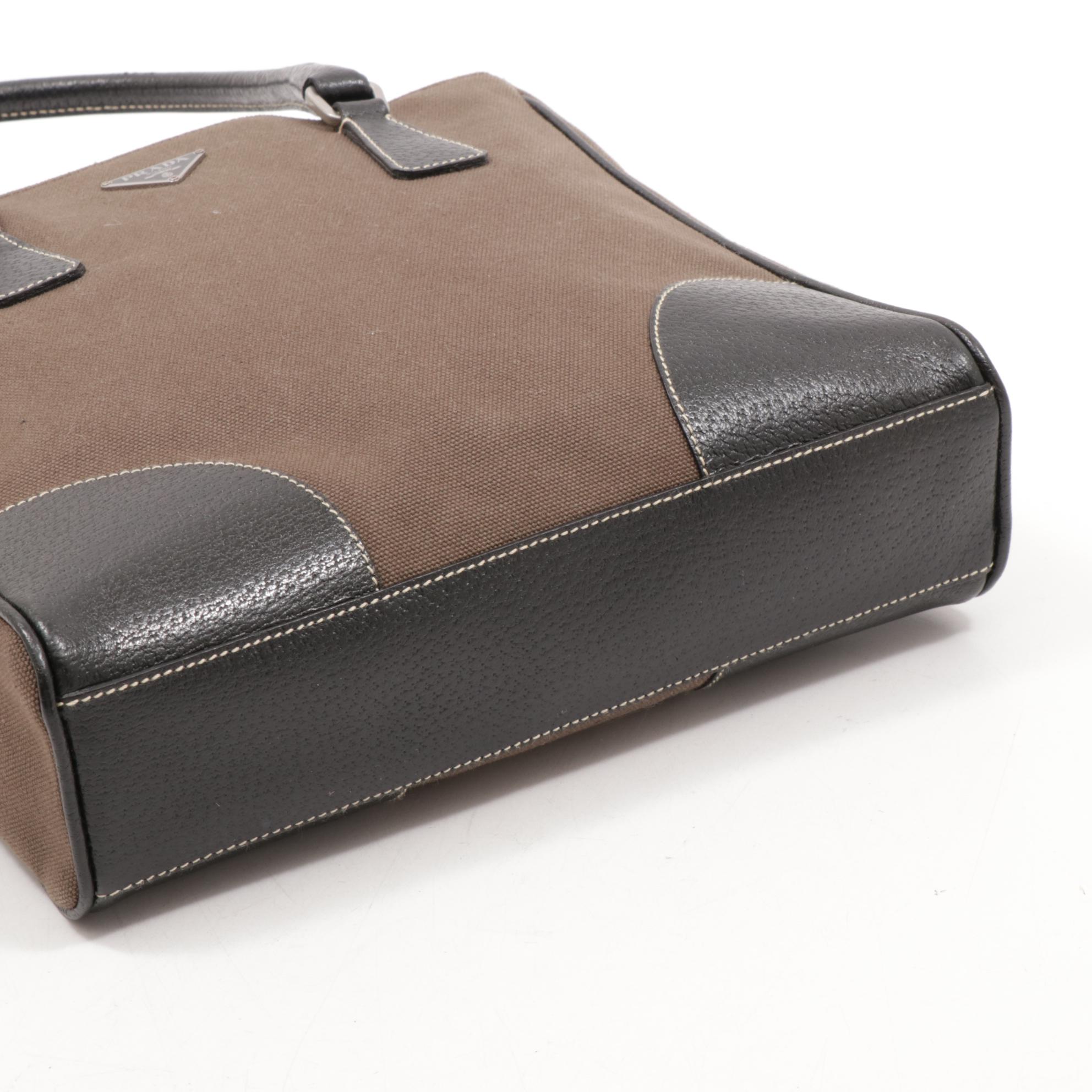 Prada Canvas and Black Leather Top Handle Tote Bag with Contrast Stitching
