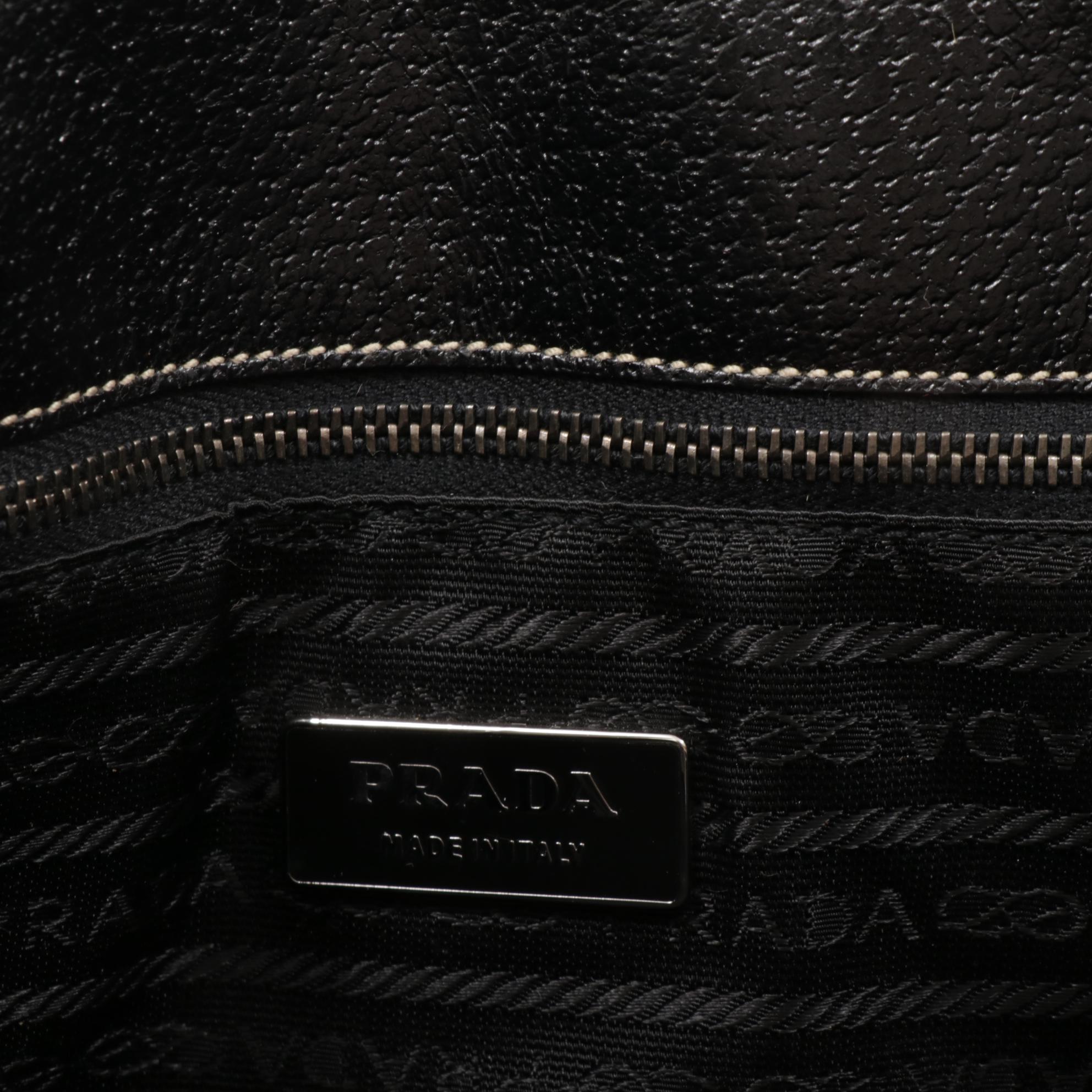 Prada Canvas and Black Leather Top Handle Tote Bag with Contrast Stitching