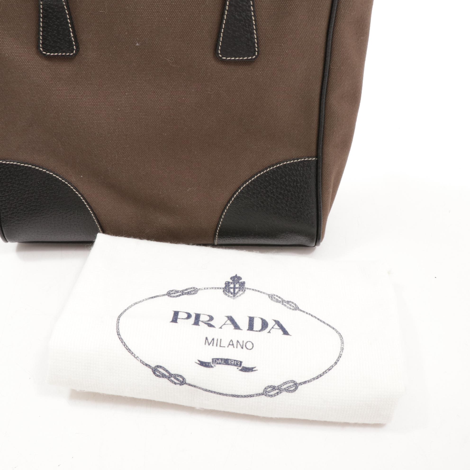Prada Canvas and Black Leather Top Handle Tote Bag with Contrast Stitching