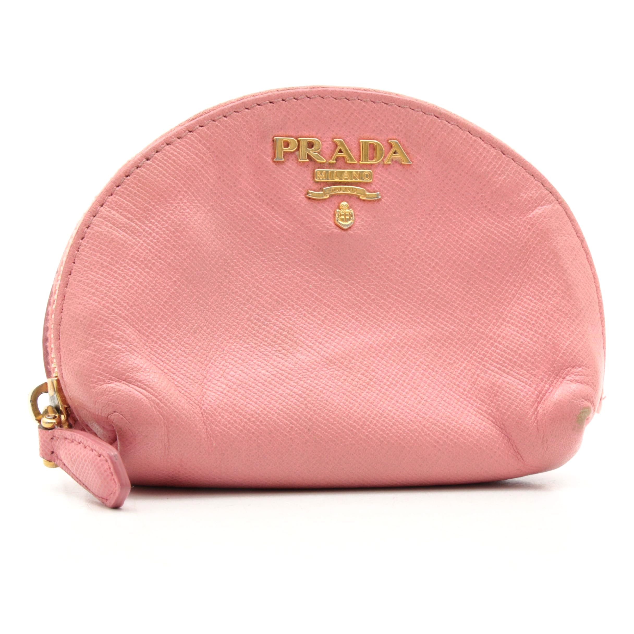 Prada Pink Saffiano Leather and Lambskin Zip Coin Purse with Keychain