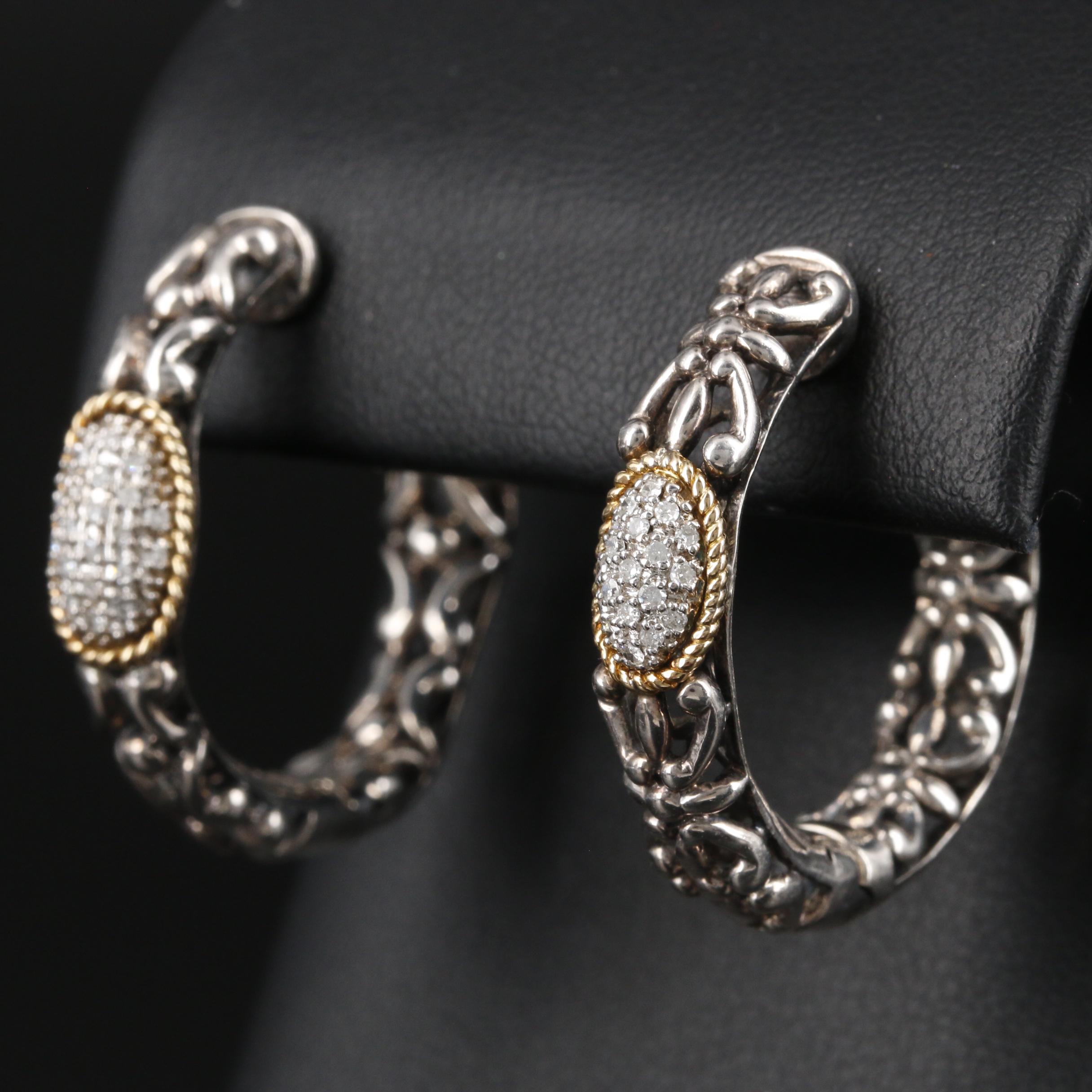 Effy Sterling Silver, Pavé Diamond Hoop Earrings with 18K Gold Accents