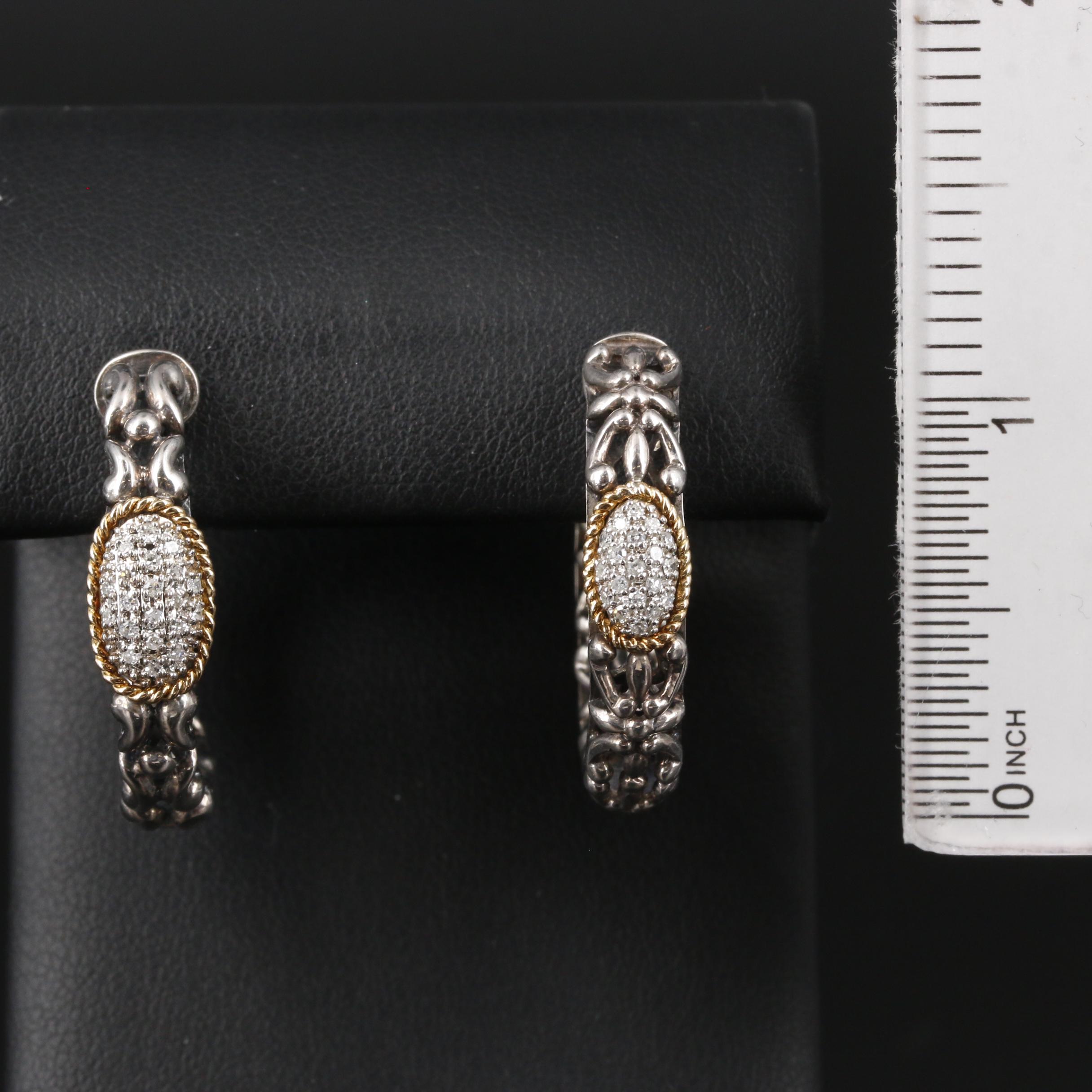 Effy Sterling Silver, Pavé Diamond Hoop Earrings with 18K Gold Accents