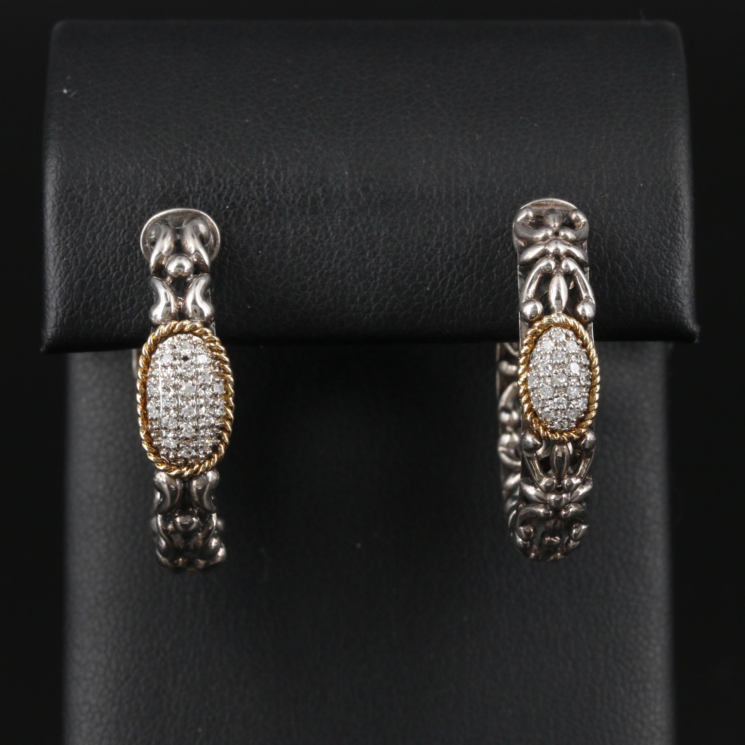 Effy Sterling Silver, Pavé Diamond Hoop Earrings with 18K Gold Accents