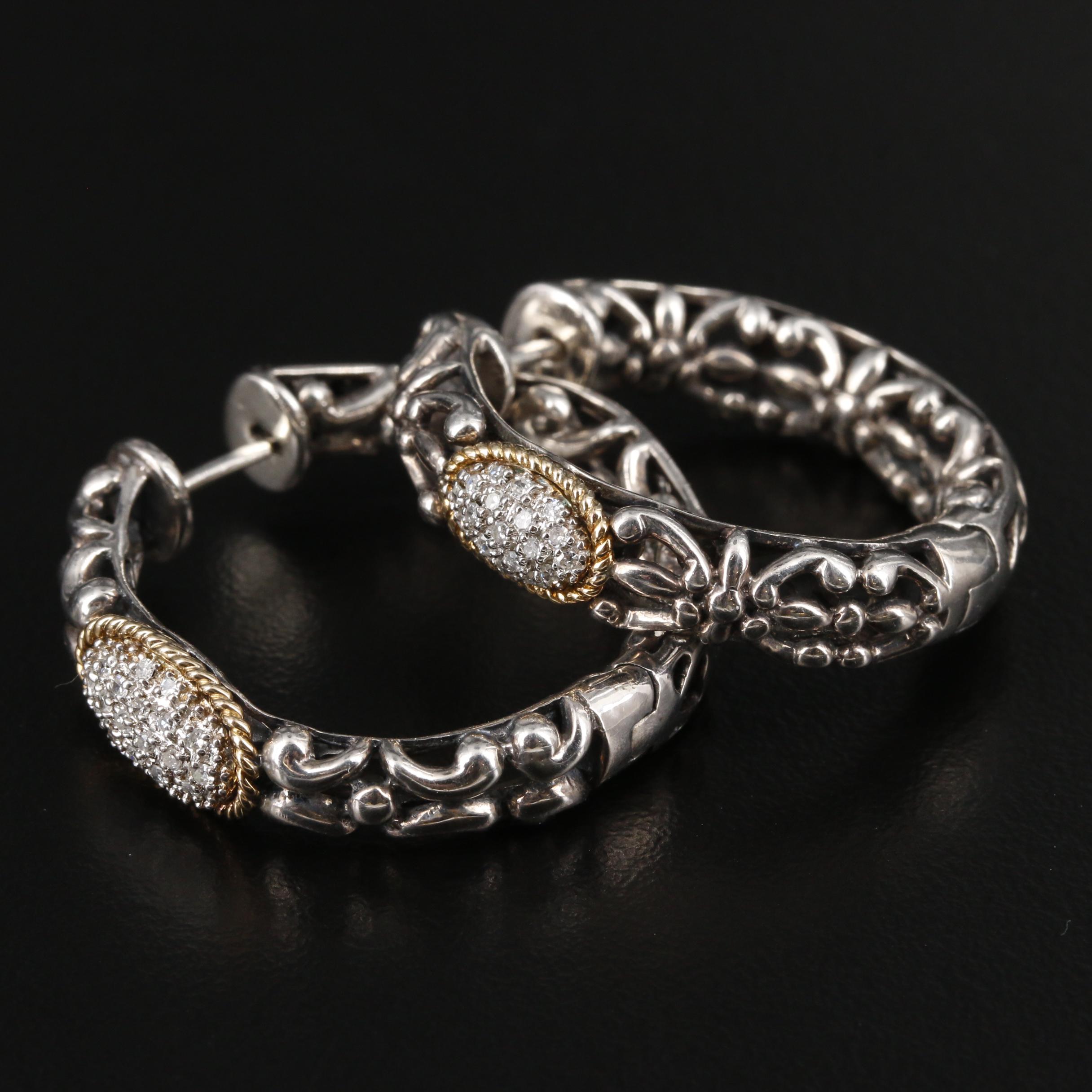 Effy Sterling Silver, Pavé Diamond Hoop Earrings with 18K Gold Accents