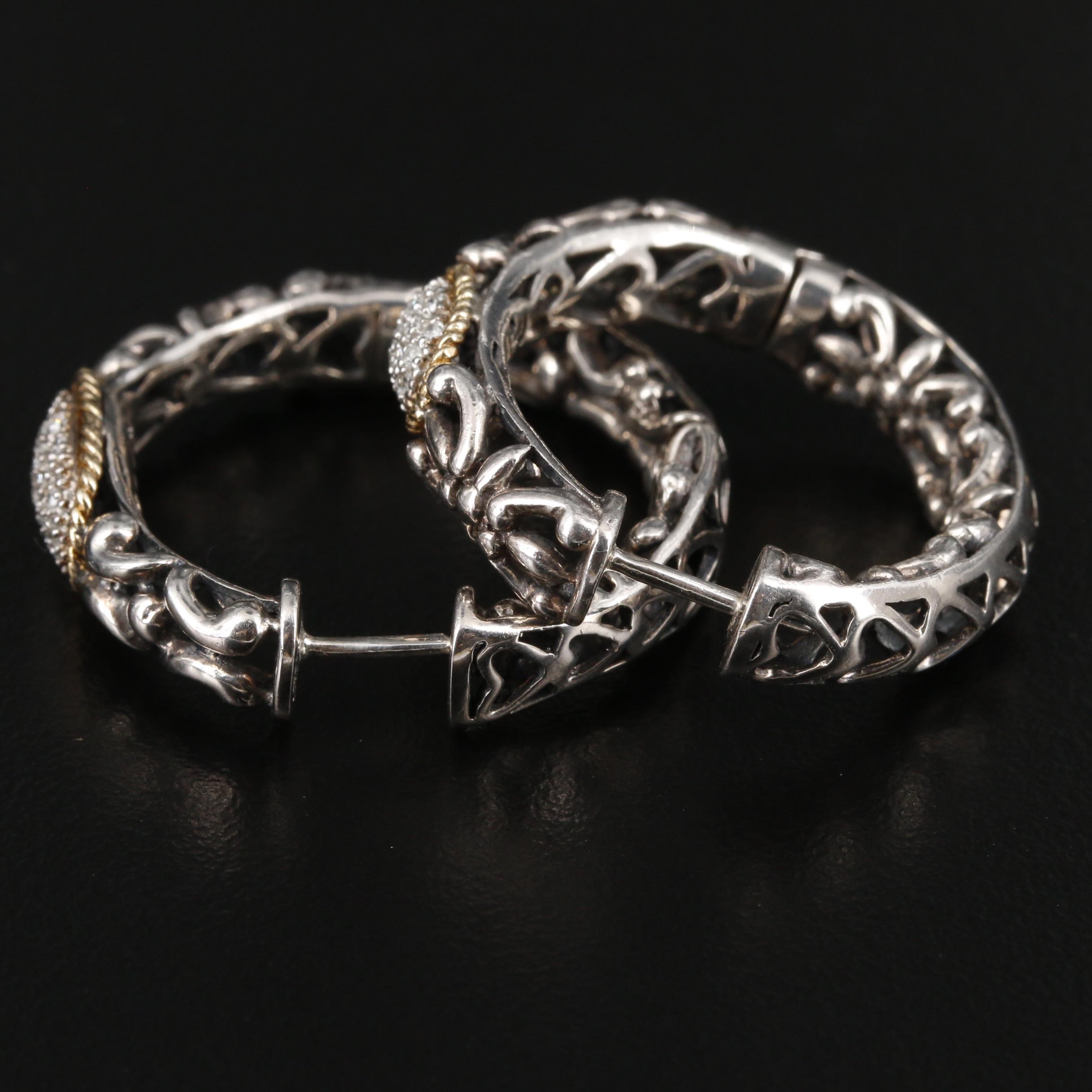 Effy Sterling Silver, Pavé Diamond Hoop Earrings with 18K Gold Accents