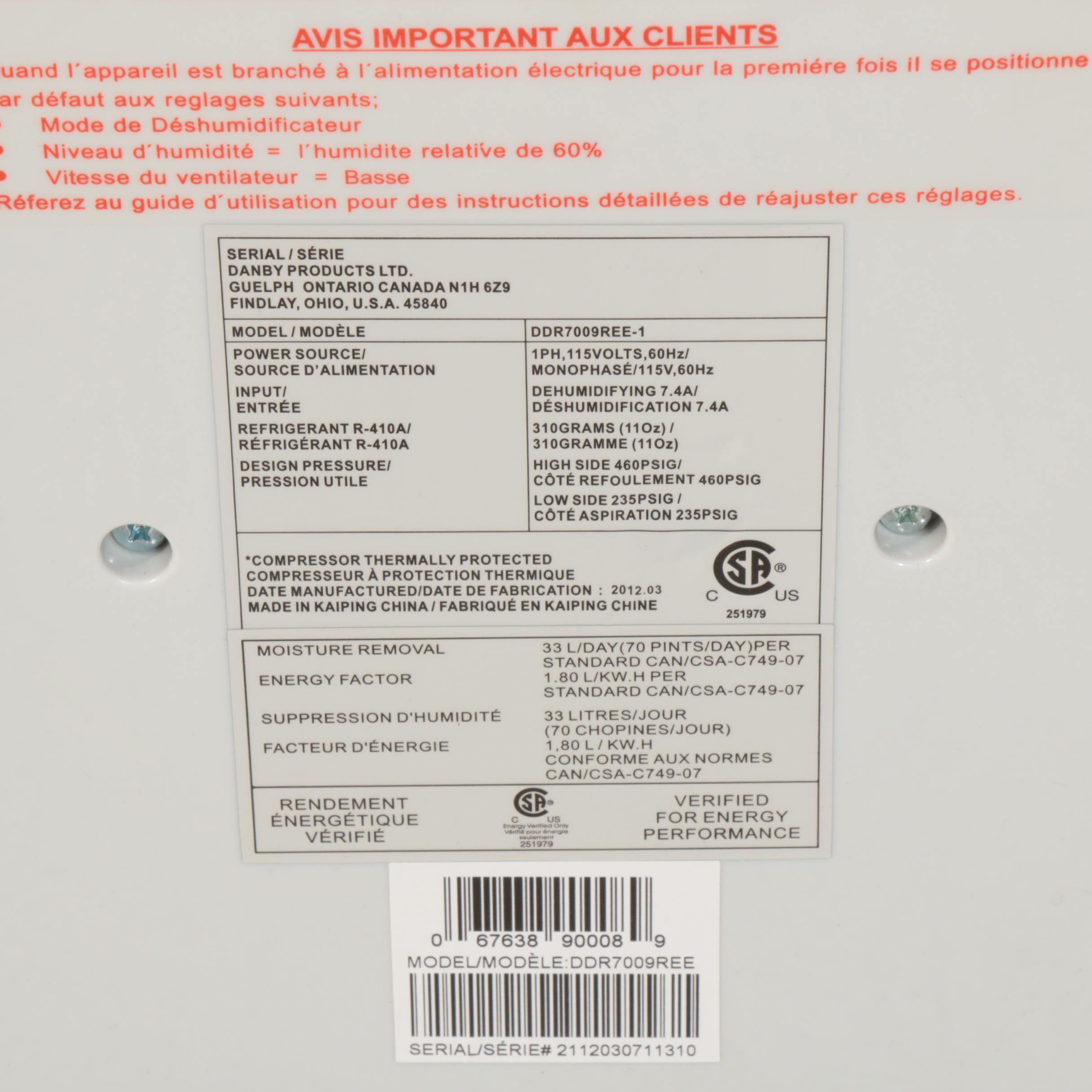 Danby Premier Products Dehumidifier