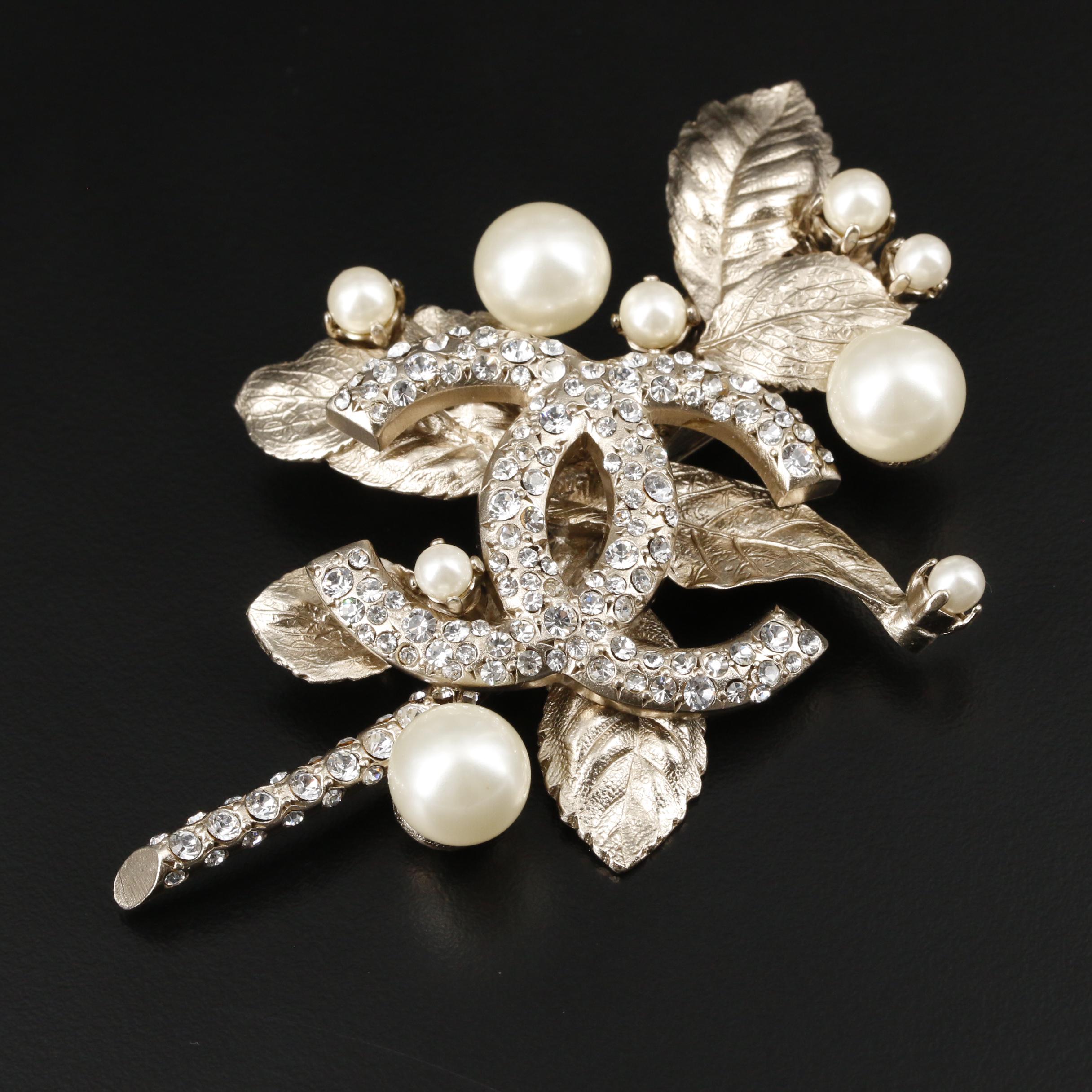 Chanel Rhinestone and Imitation Pearl Foliate Brooch with Susan Lucci Signed Box