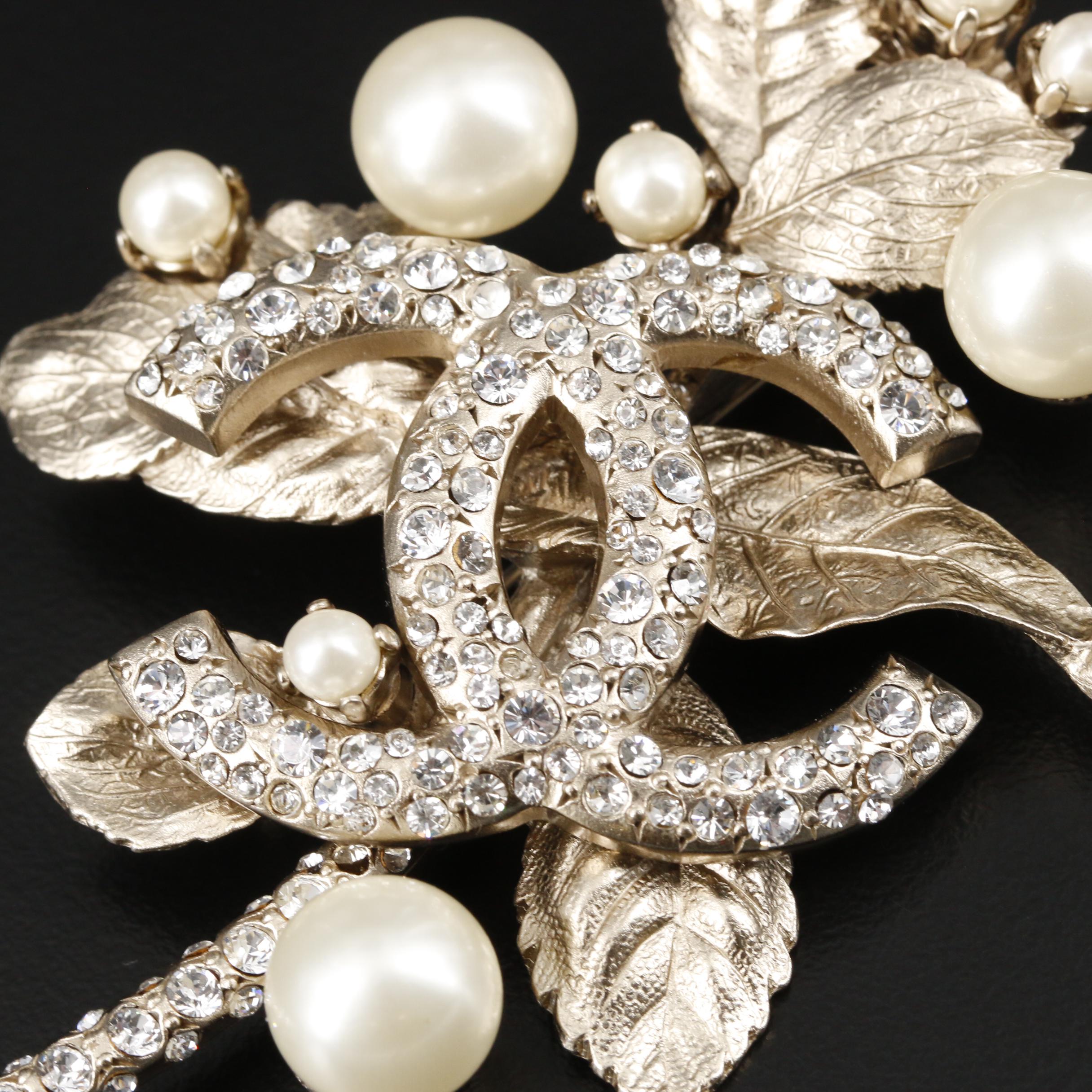Chanel Rhinestone and Imitation Pearl Foliate Brooch with Susan Lucci Signed Box