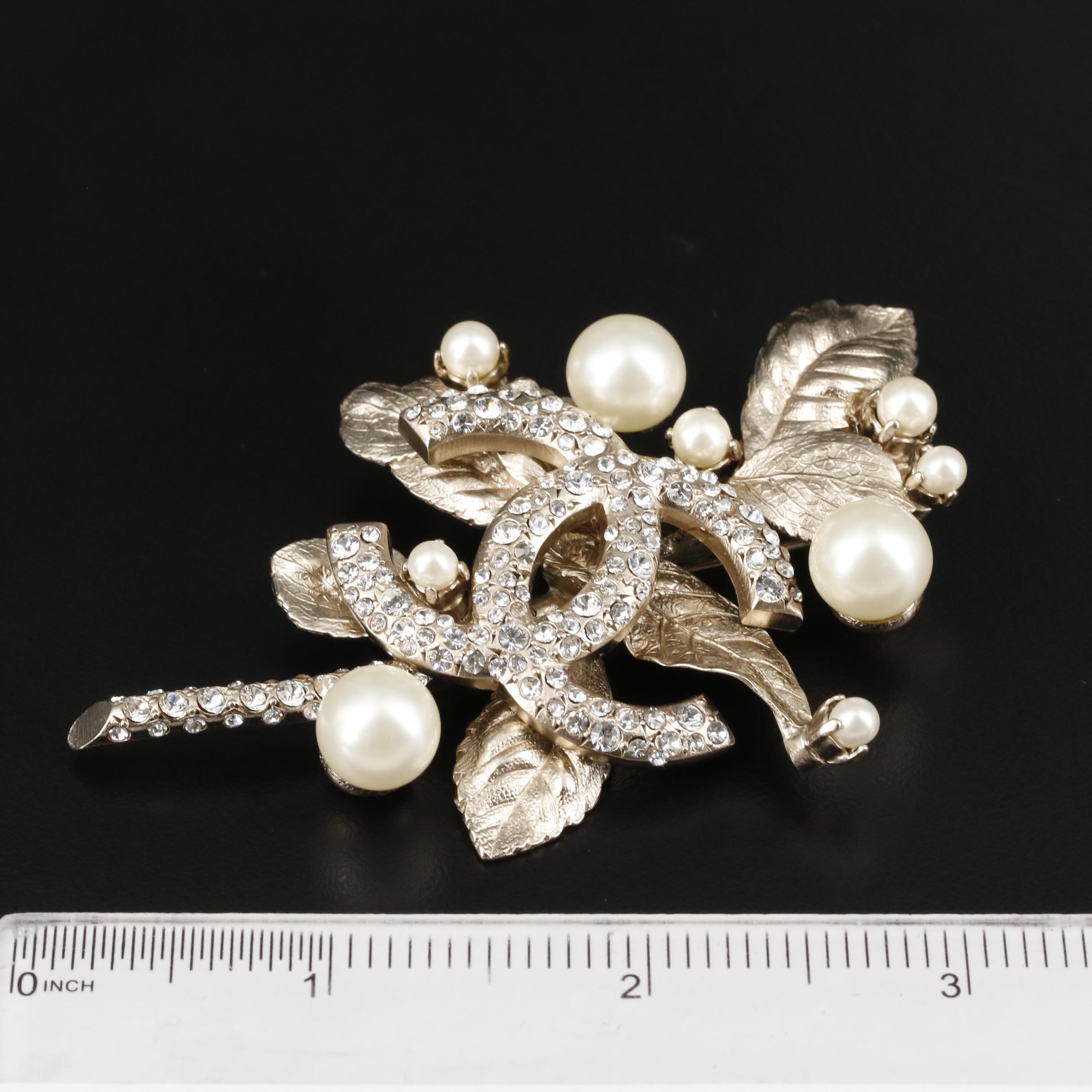 Chanel Rhinestone and Imitation Pearl Foliate Brooch with Susan Lucci Signed Box