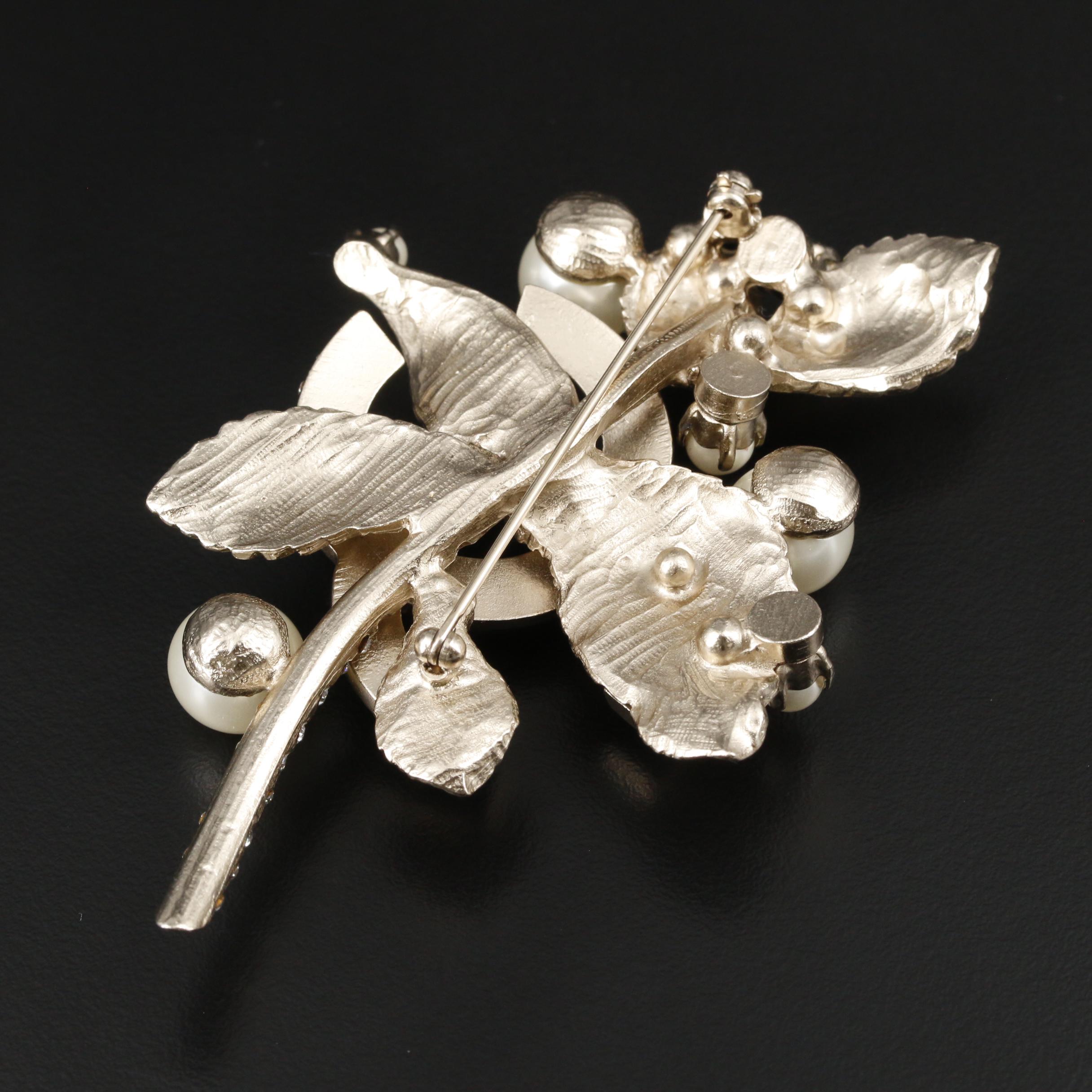 Chanel Rhinestone and Imitation Pearl Foliate Brooch with Susan Lucci Signed Box