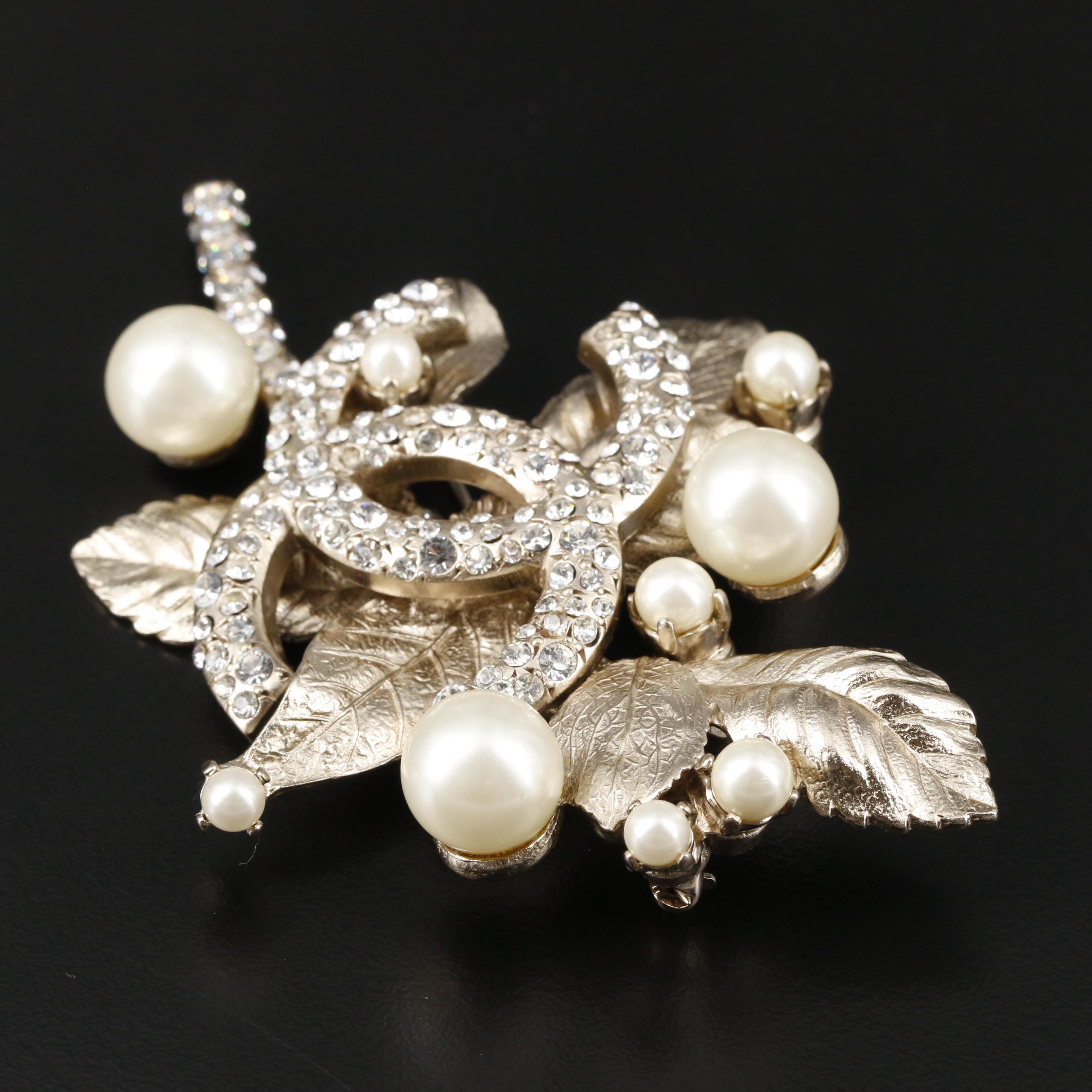 Chanel Rhinestone and Imitation Pearl Foliate Brooch with Susan Lucci Signed Box