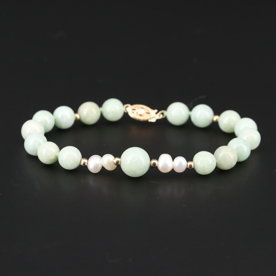 14K Yellow Gold Beaded Jadeite and Cultured Pearl Bracelet