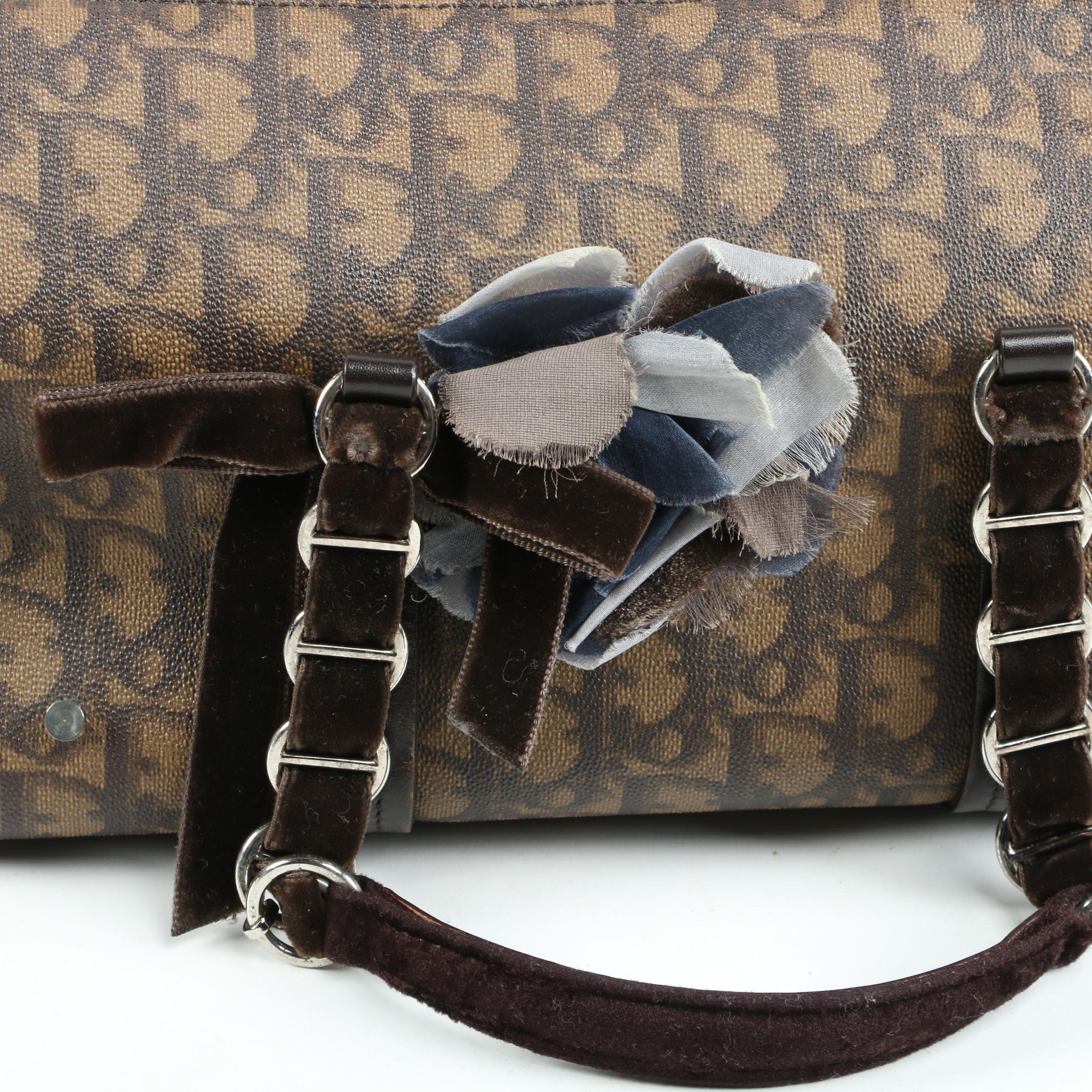 Christian Dior Brown Trottuer Romantique Floral Bow Small Boston Bag