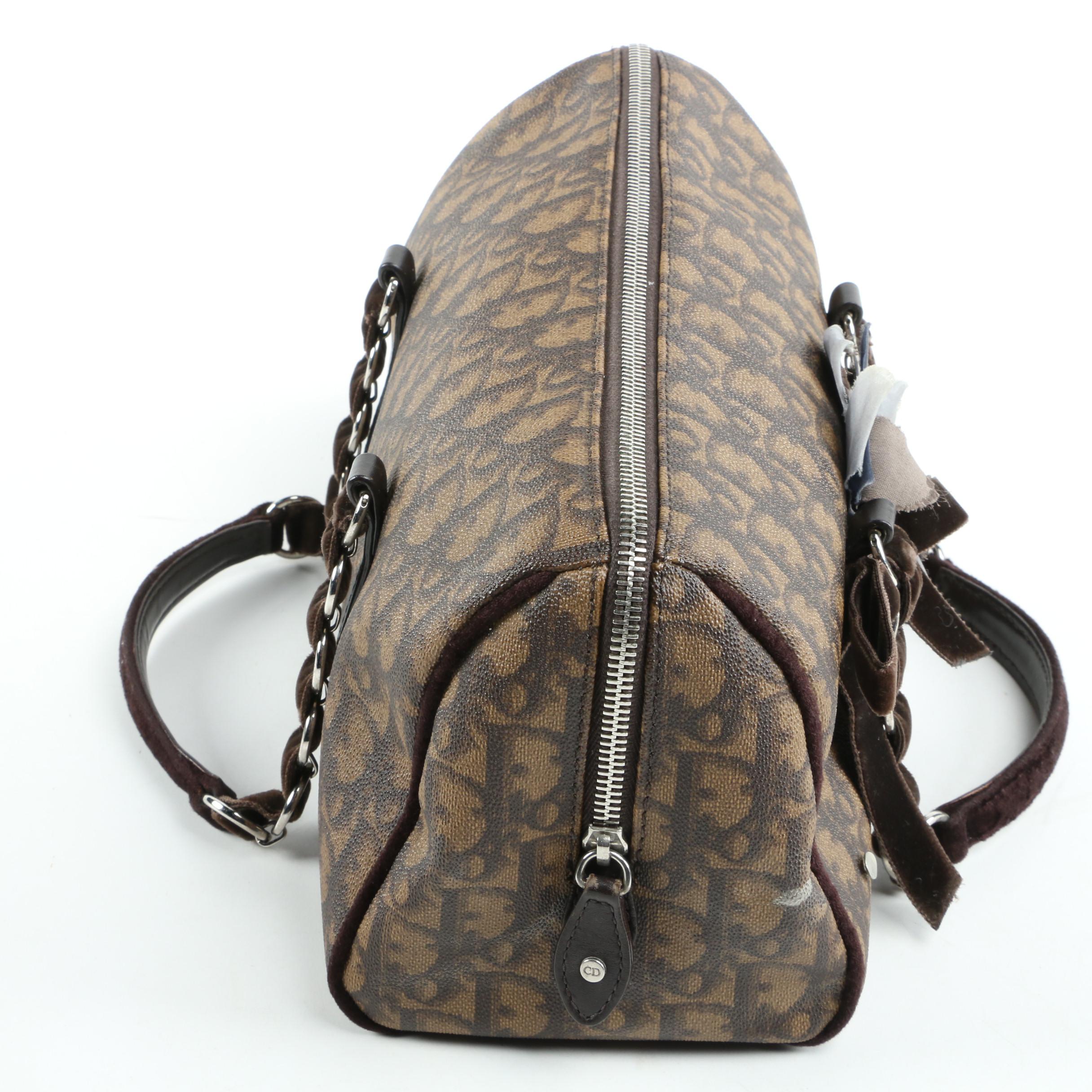 Christian Dior Brown Trottuer Romantique Floral Bow Small Boston Bag