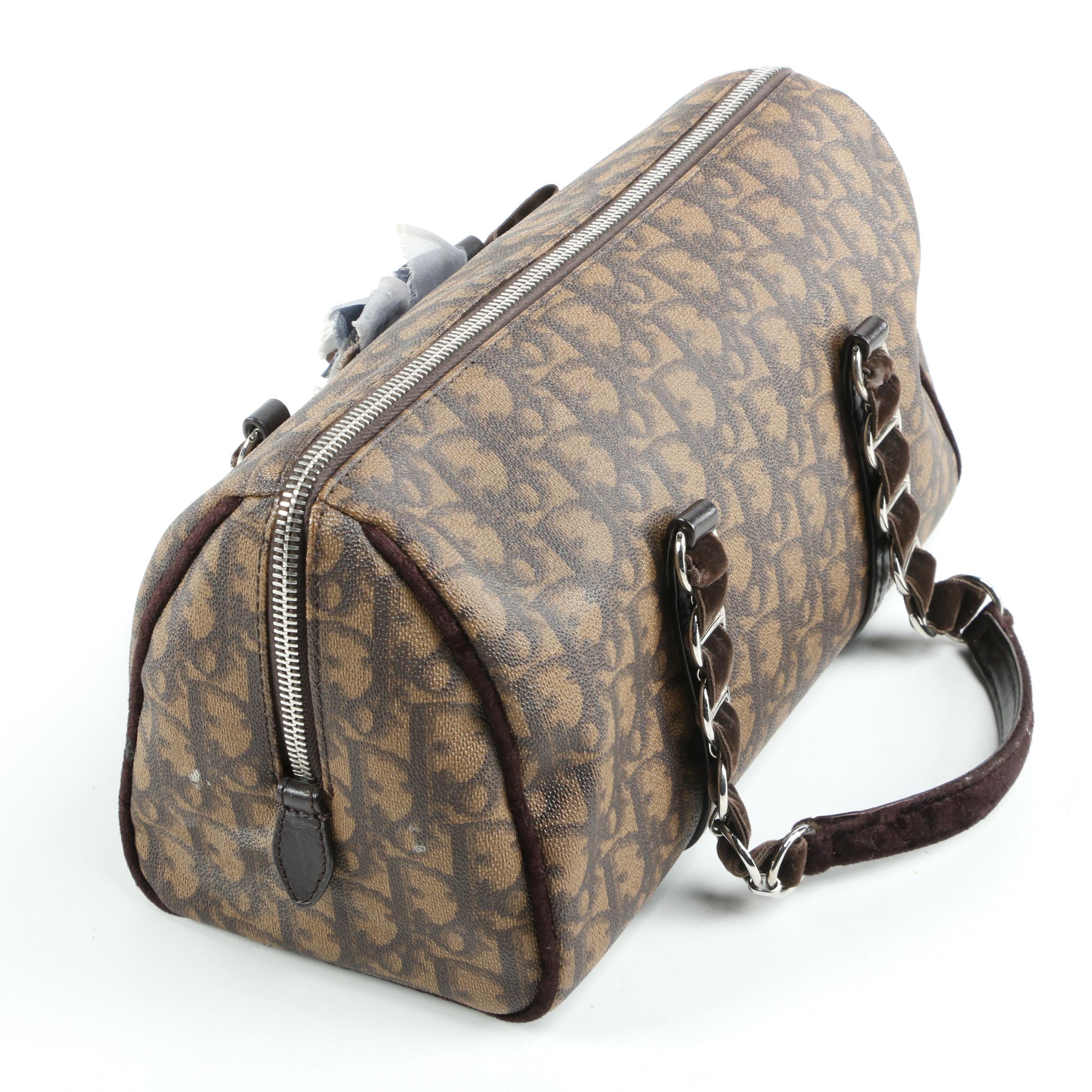 Christian Dior Brown Trottuer Romantique Floral Bow Small Boston Bag