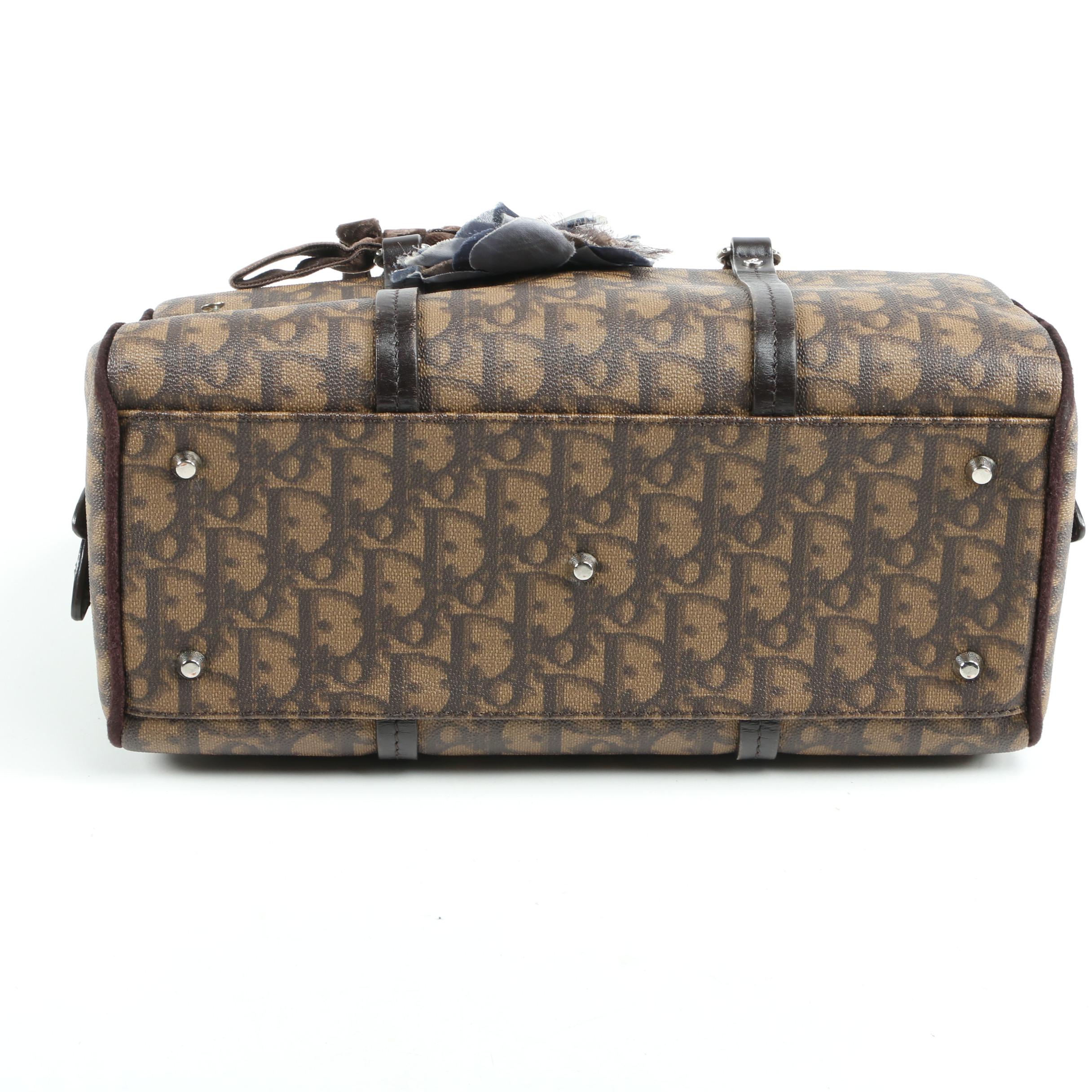 Christian Dior Brown Trottuer Romantique Floral Bow Small Boston Bag