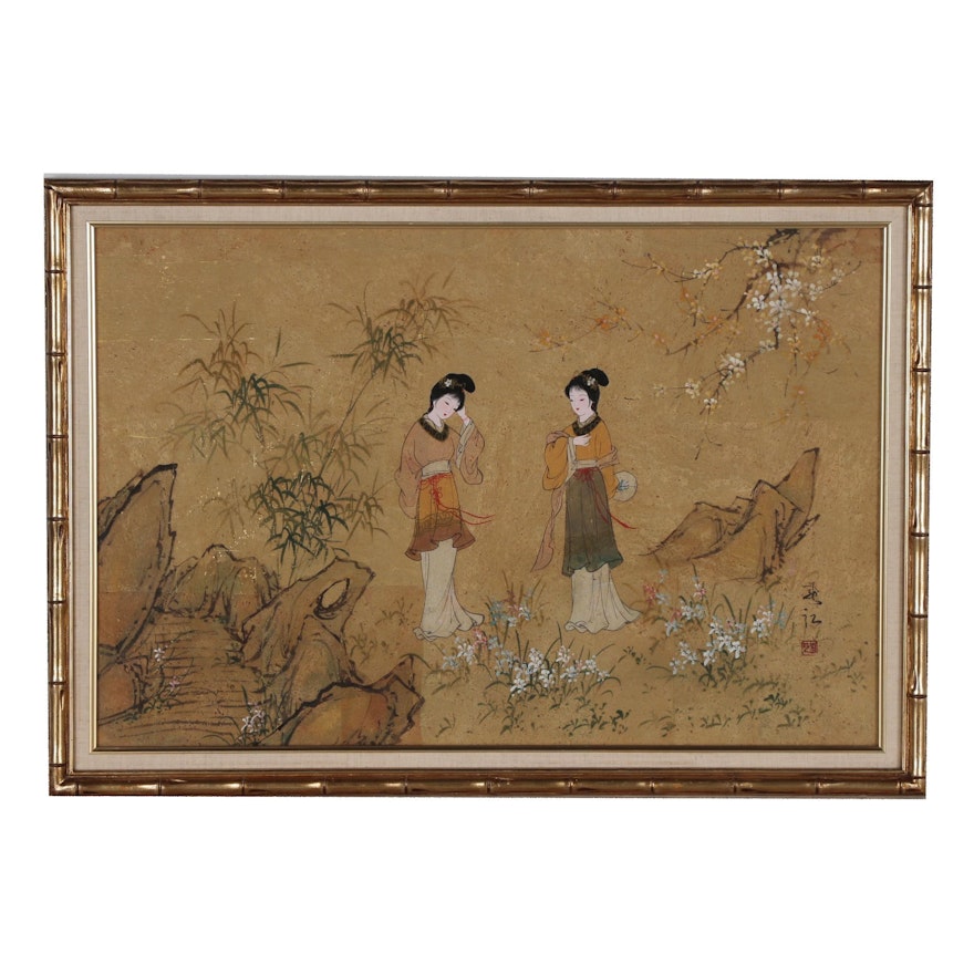 East Aisan Gouache Painting of Women in Garden