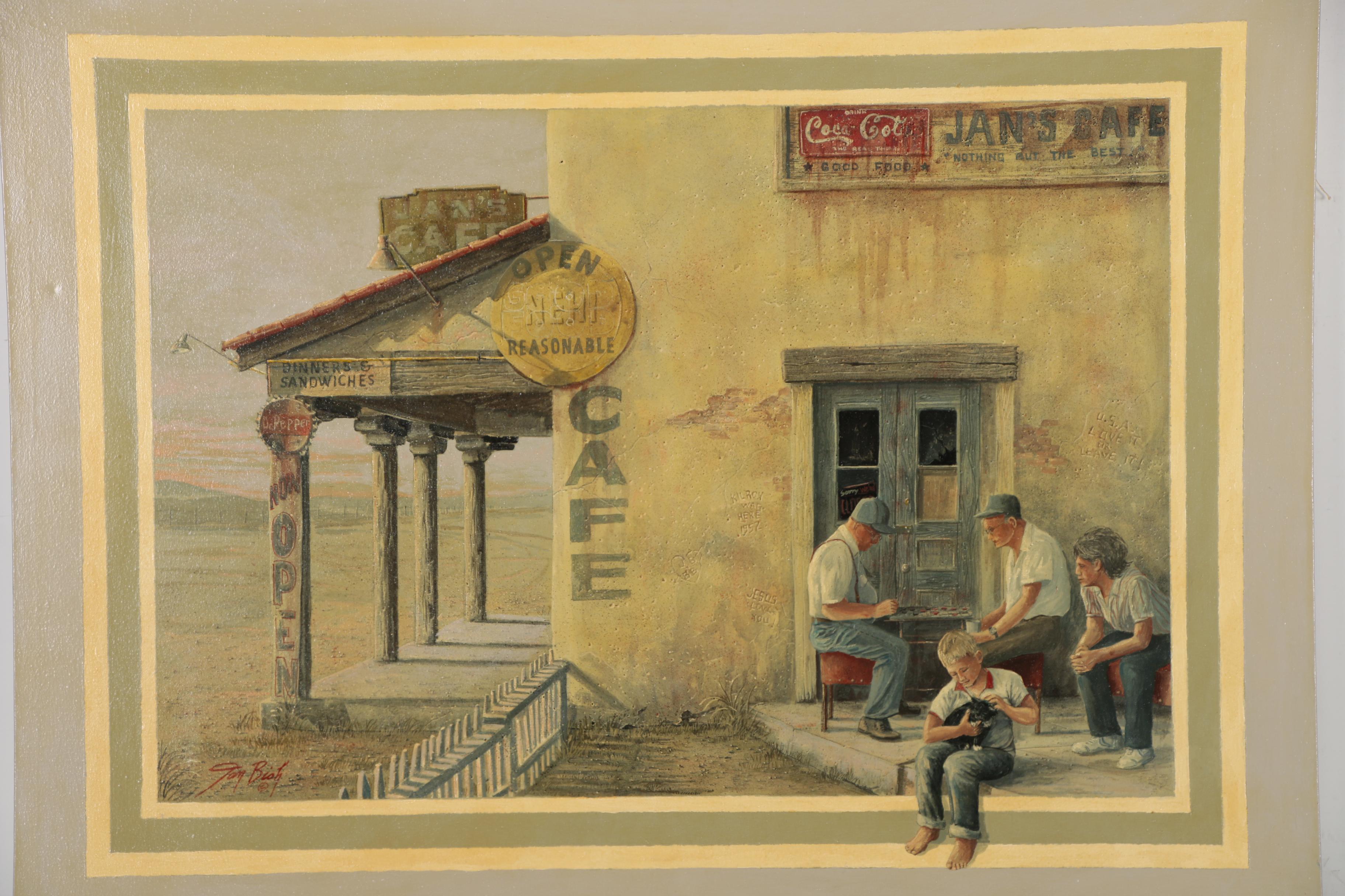 Jan Douglas Bish Trompe-L'œil Oil Painting of Cafe
