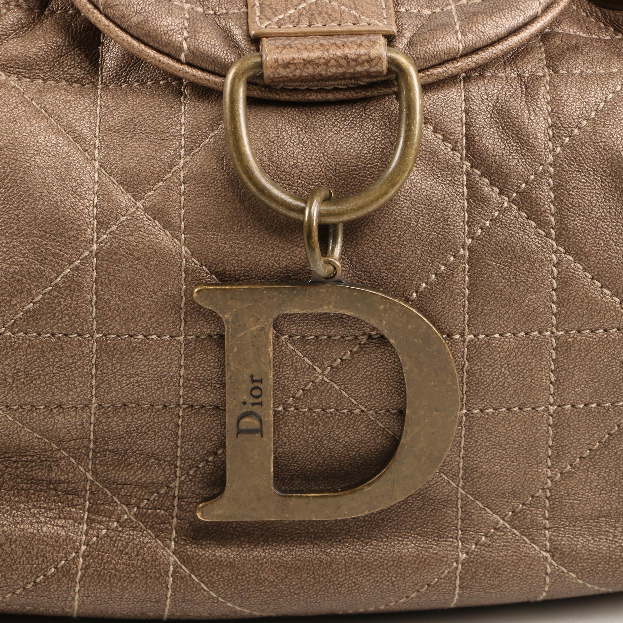 Christian Dior Drawstring Shoulder Bag in Taupe Cannage Quilted Leather