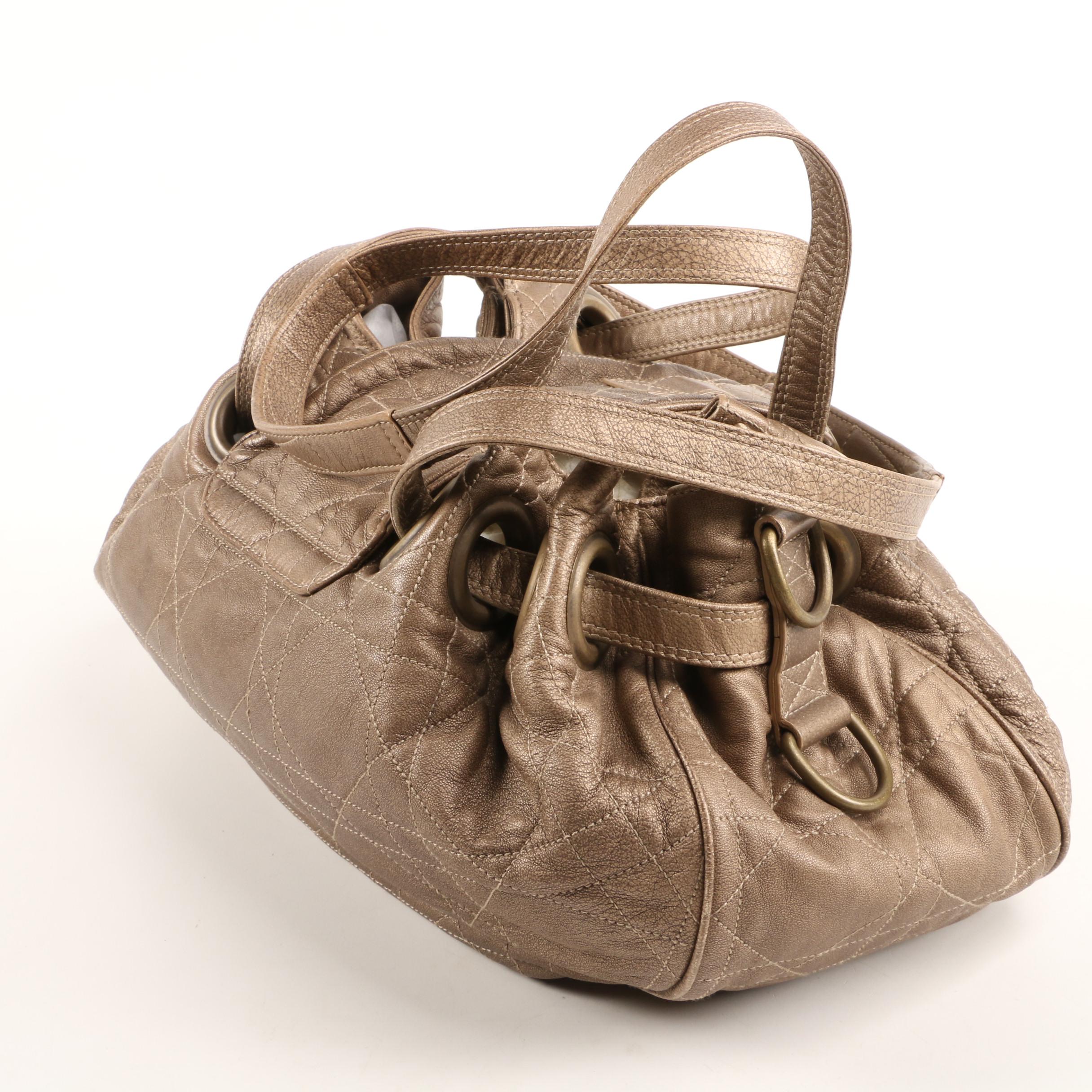 Christian Dior Drawstring Shoulder Bag in Taupe Cannage Quilted Leather