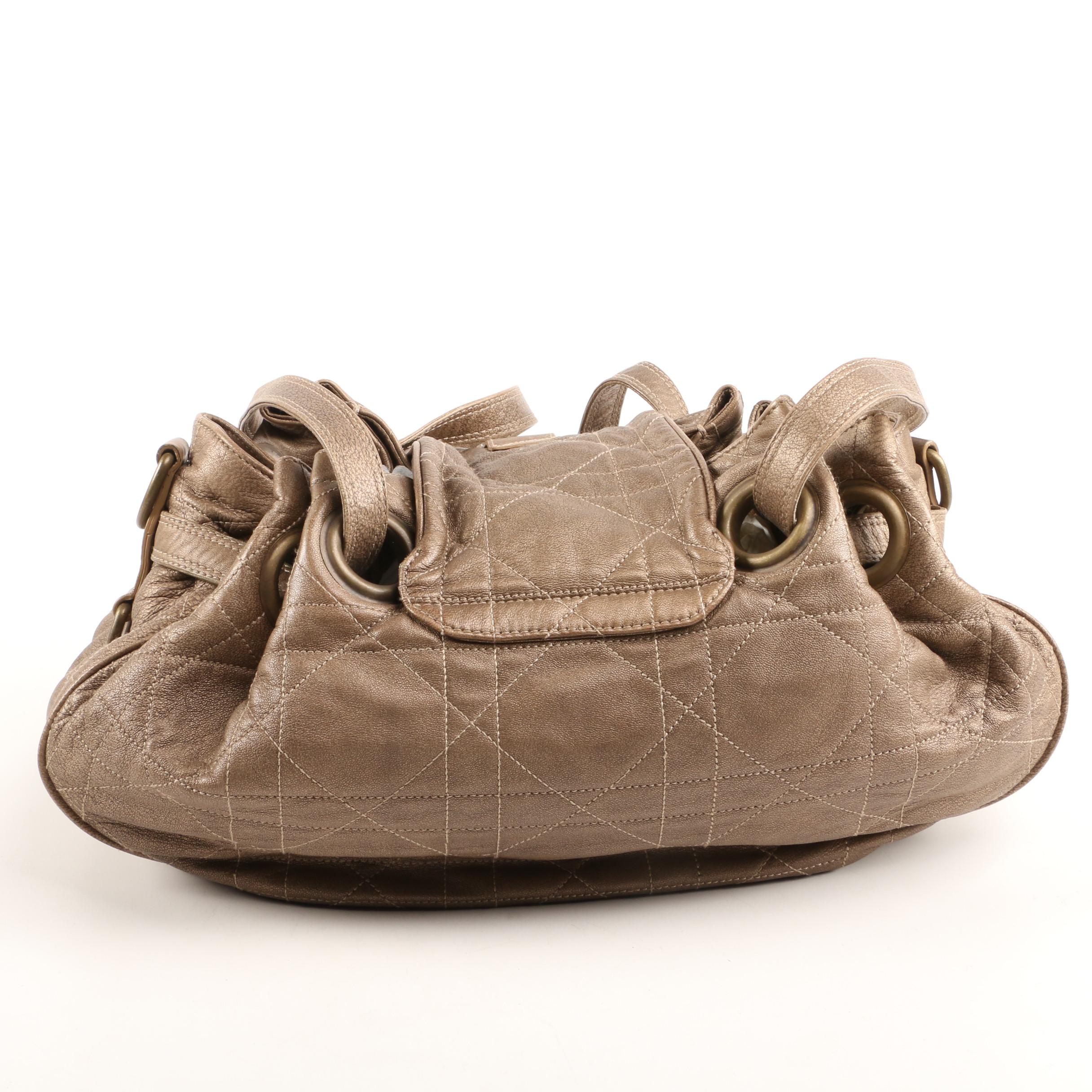 Christian Dior Drawstring Shoulder Bag in Taupe Cannage Quilted Leather