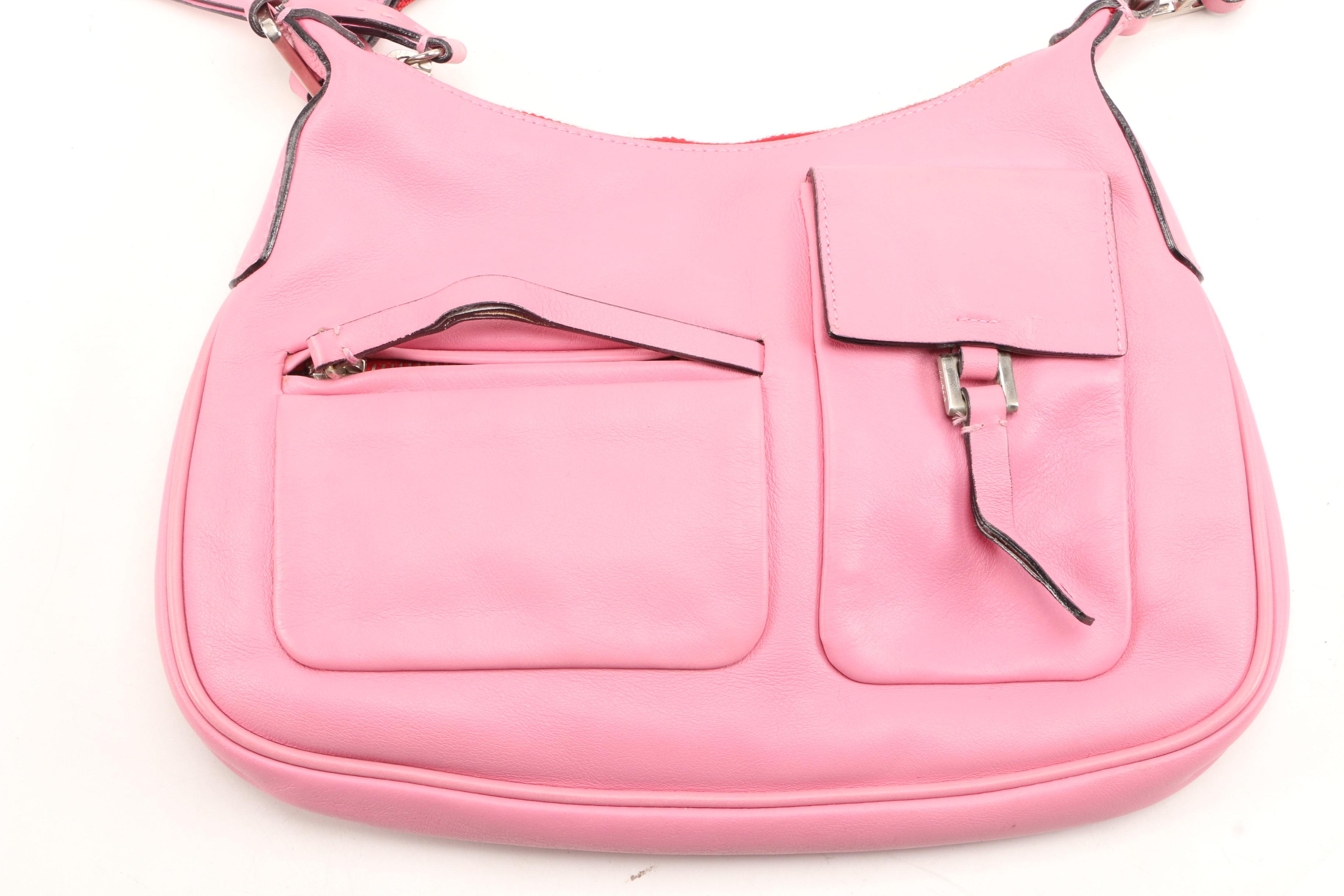 Prada Lambskin Leather Shoulder Bag in Begonia with Red Canvas Strap