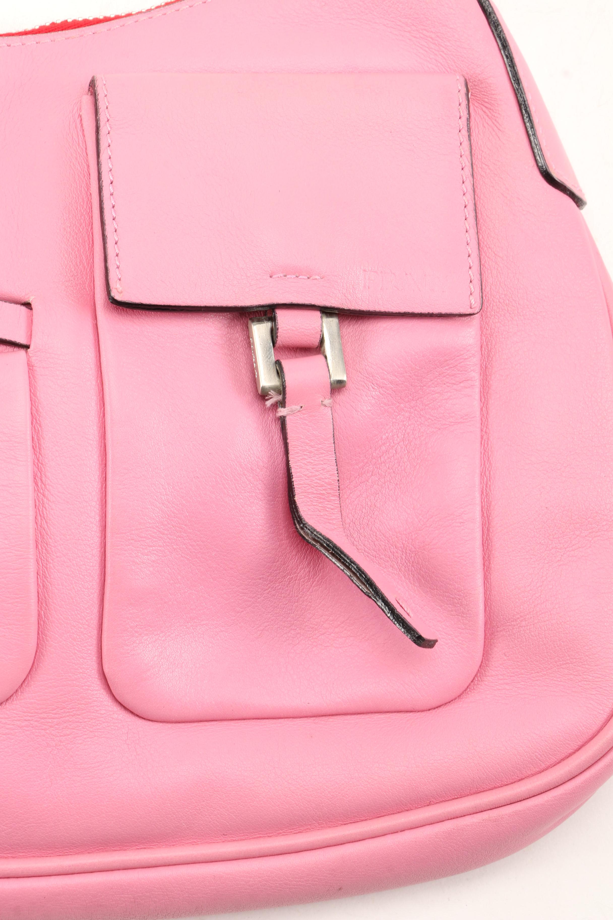 Prada Lambskin Leather Shoulder Bag in Begonia with Red Canvas Strap