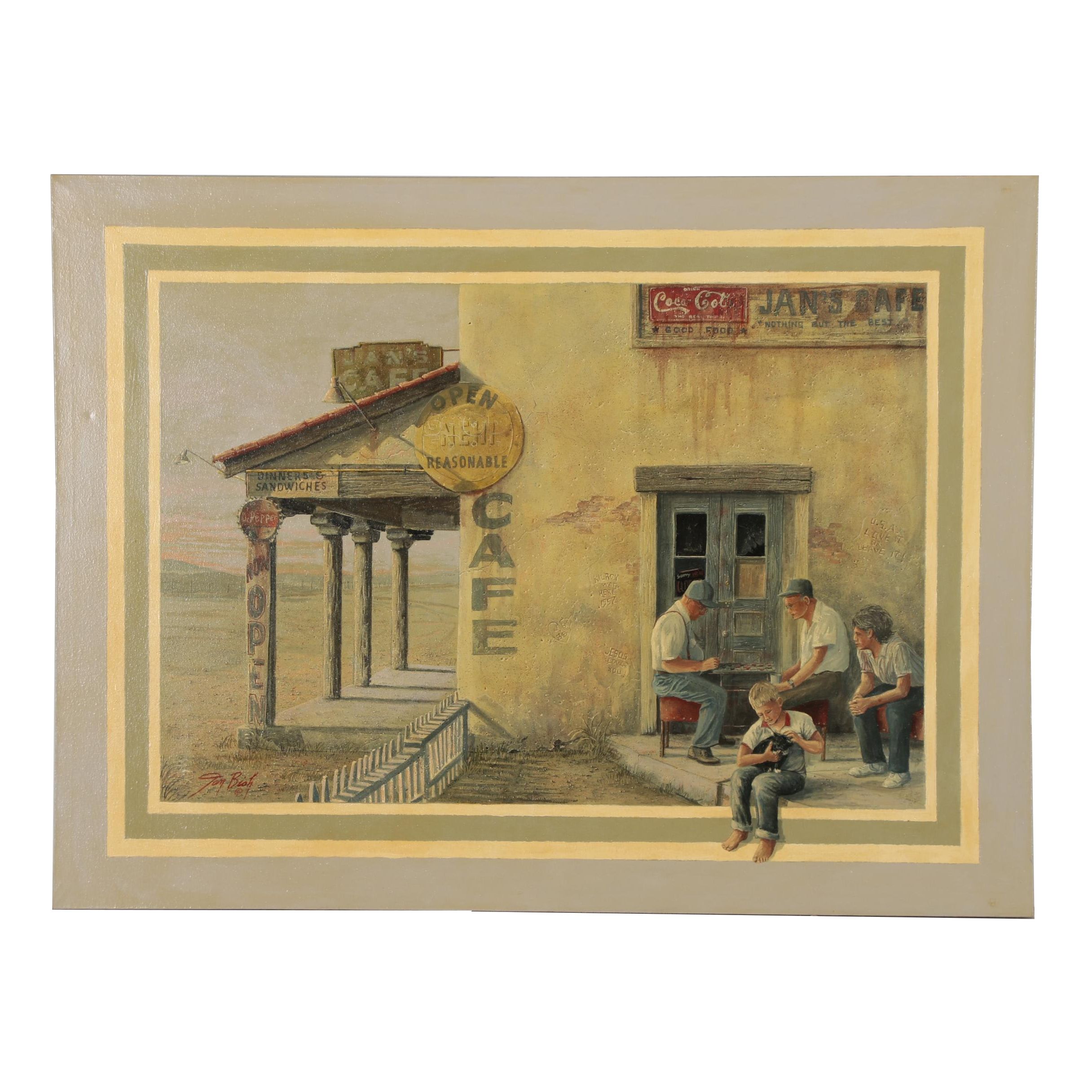 Jan Douglas Bish Trompe-L'œil Oil Painting of Cafe