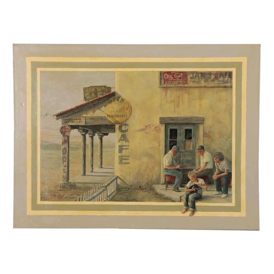 Jan Douglas Bish Trompe-L'œil Oil Painting of Cafe