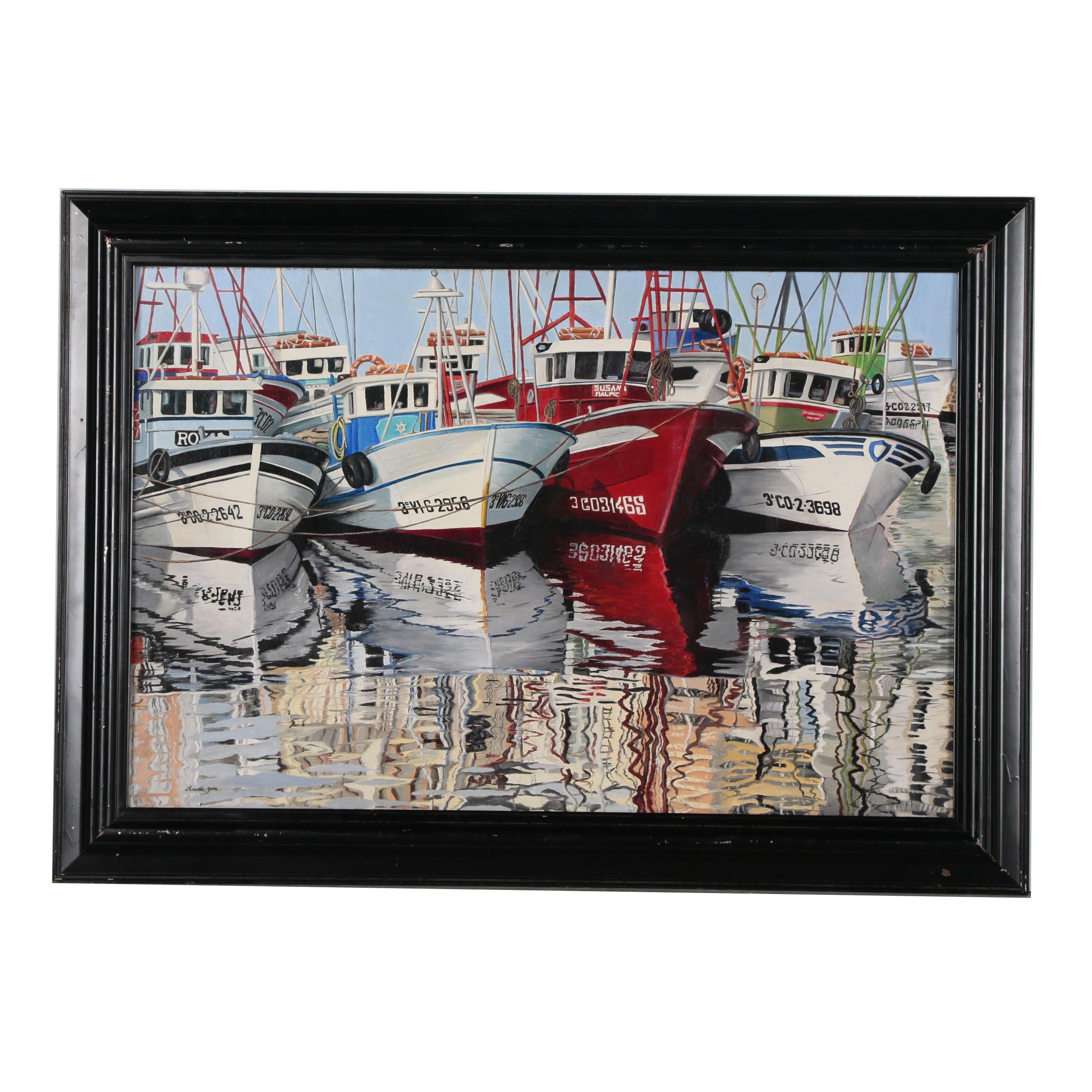 Realist Oil Painting of Fishing Boats in Harbor