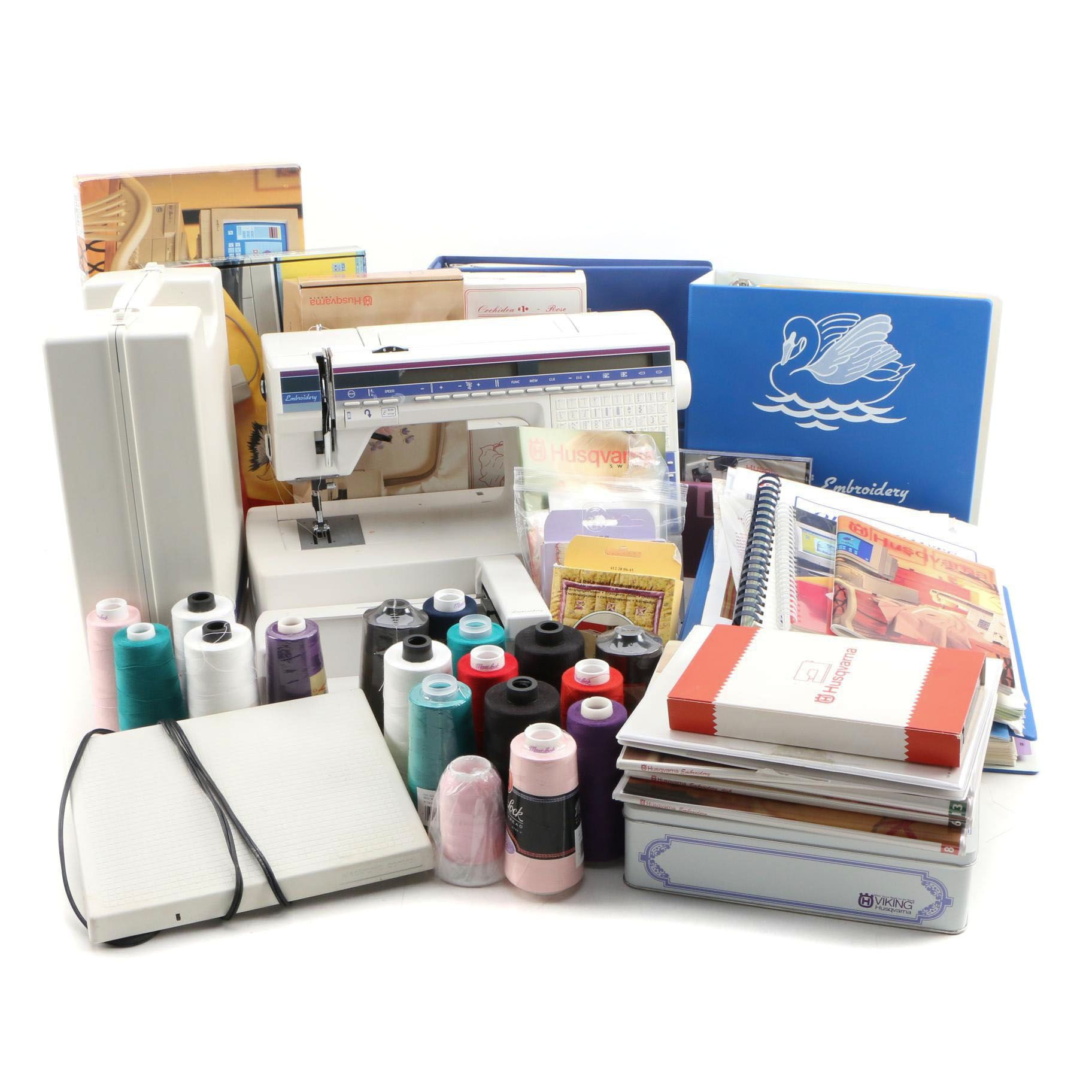 Husqvarna Viking #1+ Embroidery Machine, Guides, Hoops, Thread and Accessories