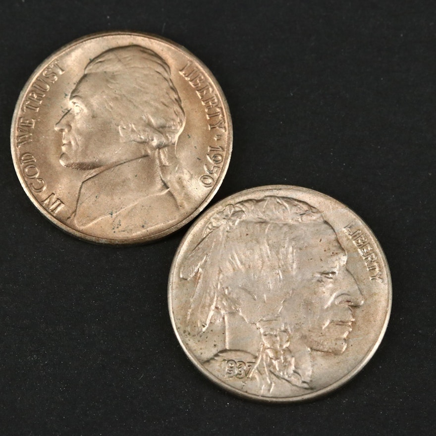 High Grade Key Date 1950-D Jefferson Nickel and 1937 Buffalo Nickel