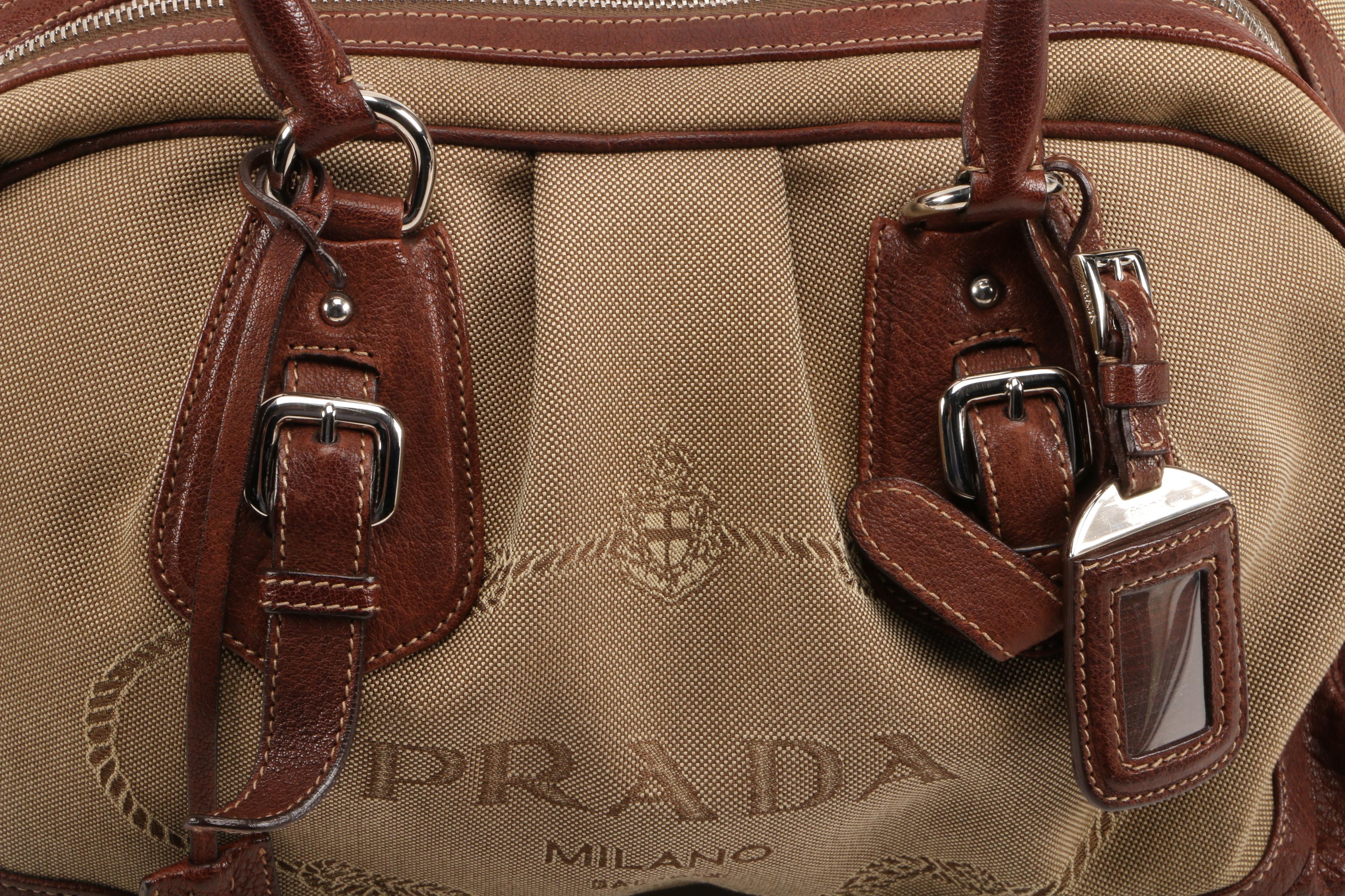 Prada Satchel in Canapa Jacquard Canvas and Brown Grained Leather
