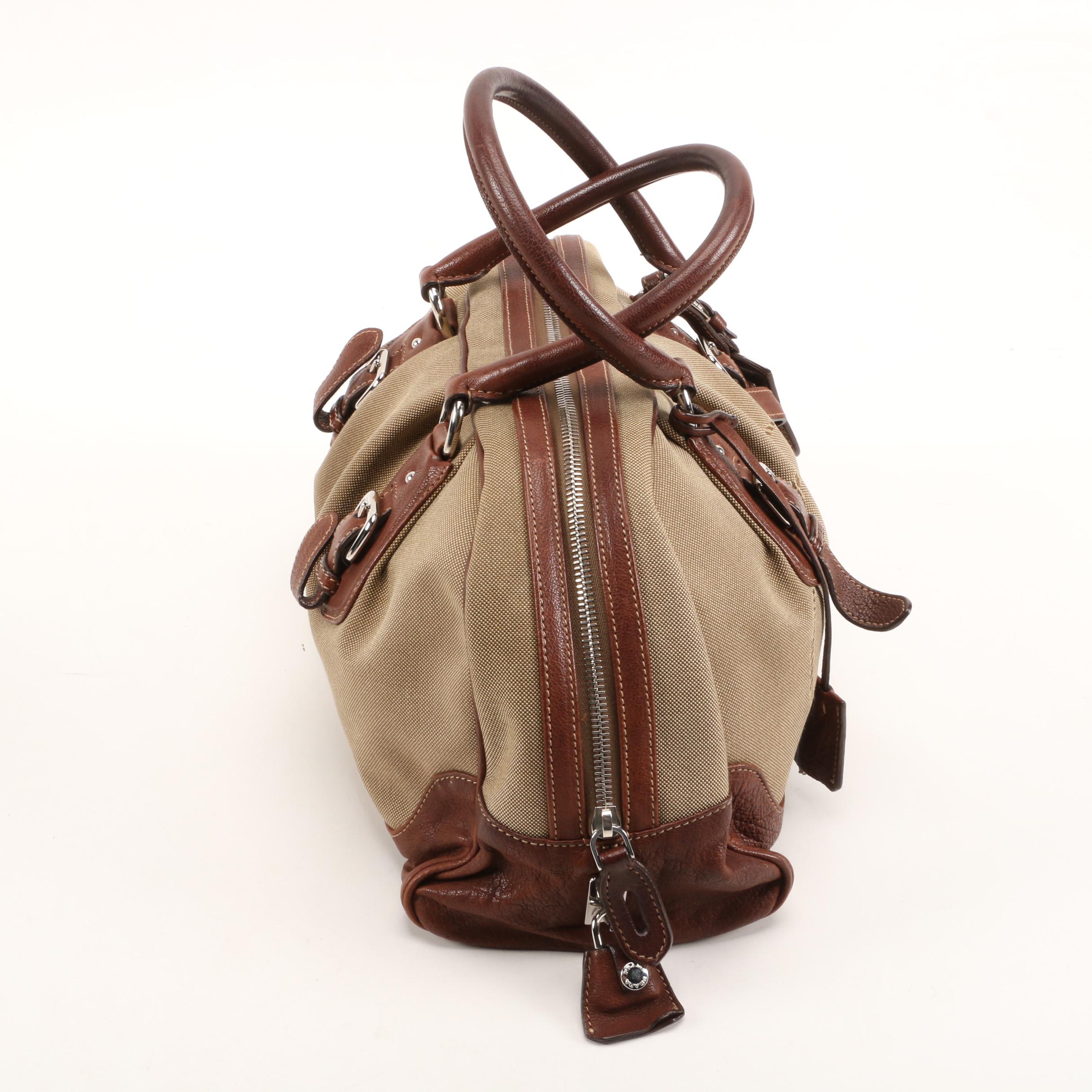 Prada Satchel in Canapa Jacquard Canvas and Brown Grained Leather