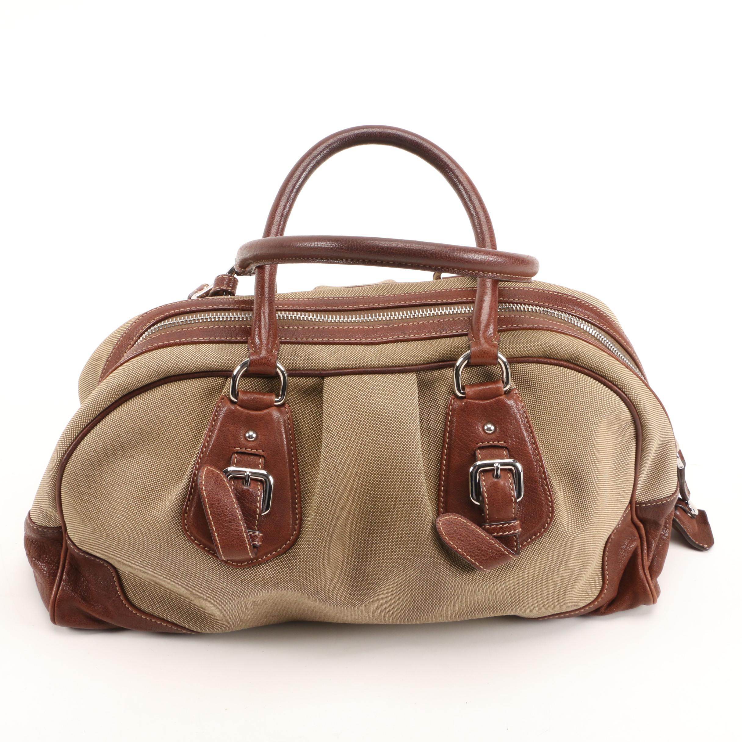 Prada Satchel in Canapa Jacquard Canvas and Brown Grained Leather