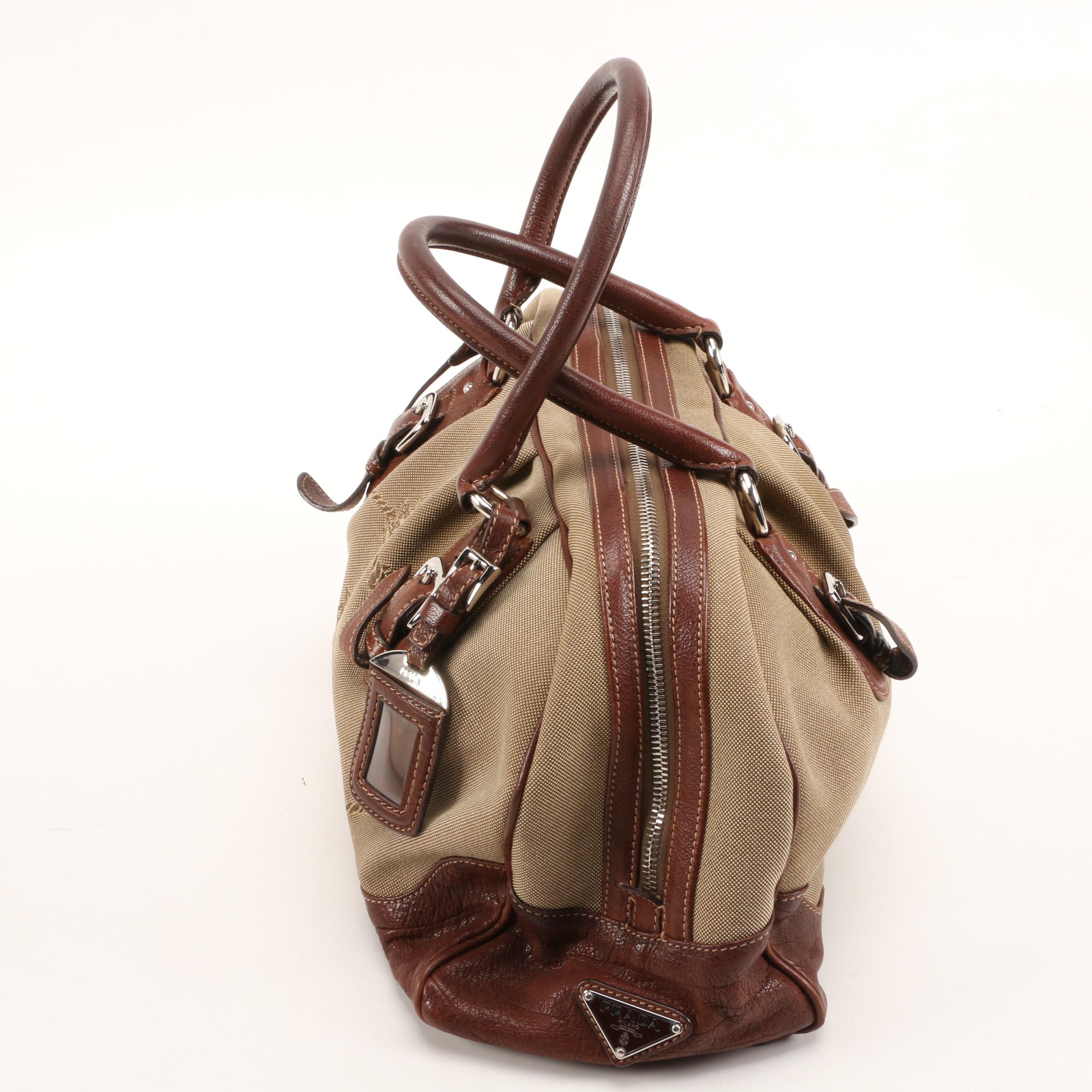 Prada Satchel in Canapa Jacquard Canvas and Brown Grained Leather