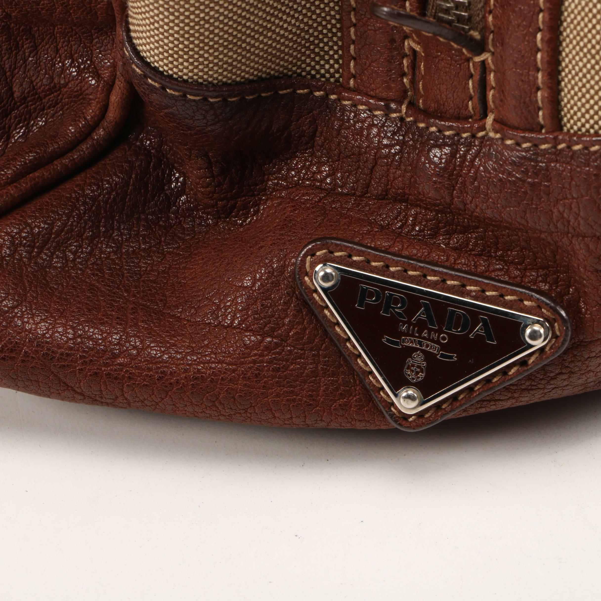 Prada Satchel in Canapa Jacquard Canvas and Brown Grained Leather